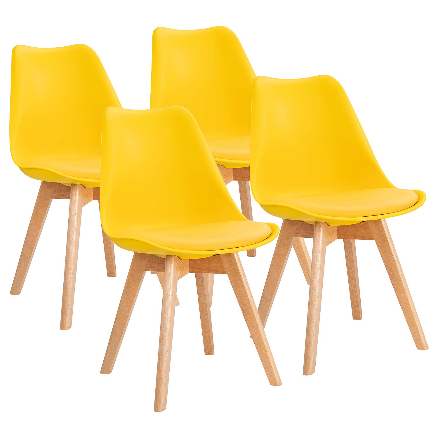 Mid Century Modern Dining Chairs Set of 4 - Upholstered Kitchen Side Chairs with Wood Legs & Soft Padded Cushion - Tulip Shell Design in Yellow for Dining Room, Kitchen, Bedroom & Living Room - Perfect for Home Decor, Family Gatherings & Entertaining Guests