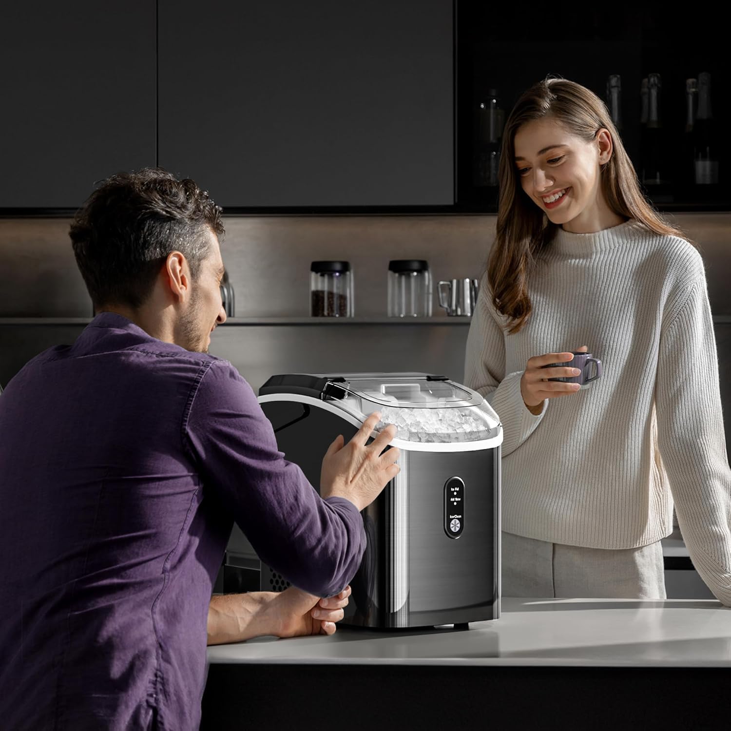 Kismile Countertop Nugget Ice Maker - Portable Sonic Ice Machine with Self-Cleaning & One-Touch Operation for Home, Office, Bar, or Party (Stainless Steel Black) - Perfect for Cocktails, Sodas, and Beverages