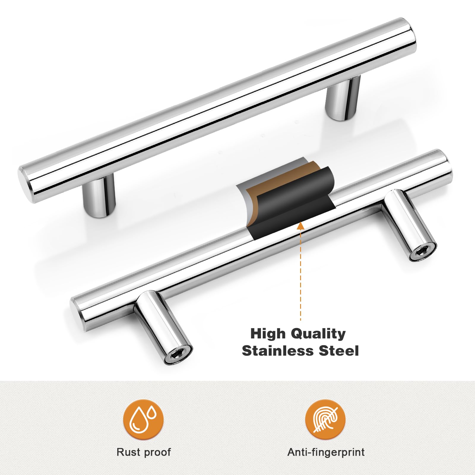Probrico 20 Pack 3-3/4 Inch Polished Chrome Cabinet Pulls - Round Tube T Bar Drawer Handles, Stainless Steel Kitchen Cabinet Hardware (6