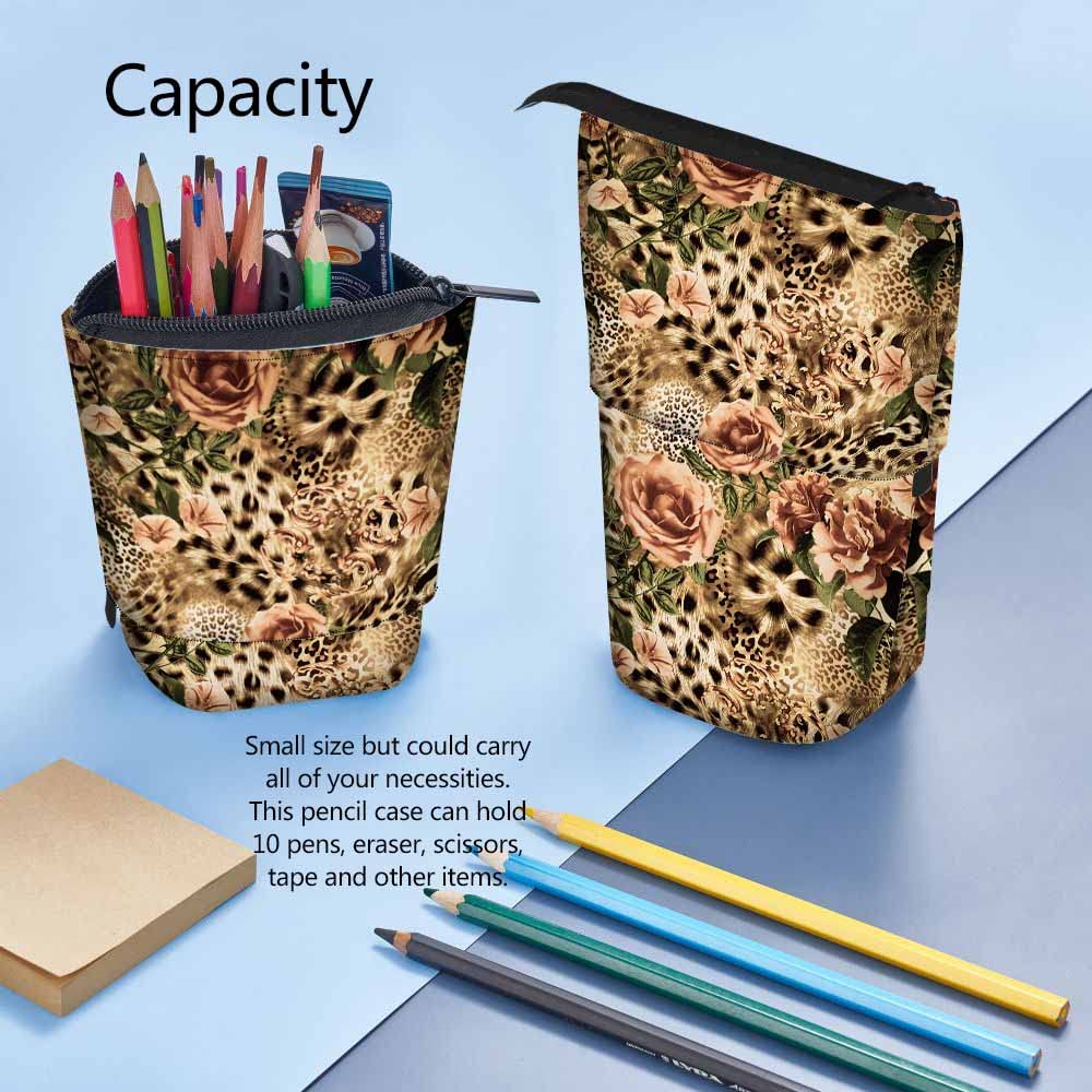 Swono Striped Leopard Pencil Case - Flower Rose Design Stand Up Makeup Organizer - Colorful Pouch for School, Office & Travel (Perfect Gift Idea)