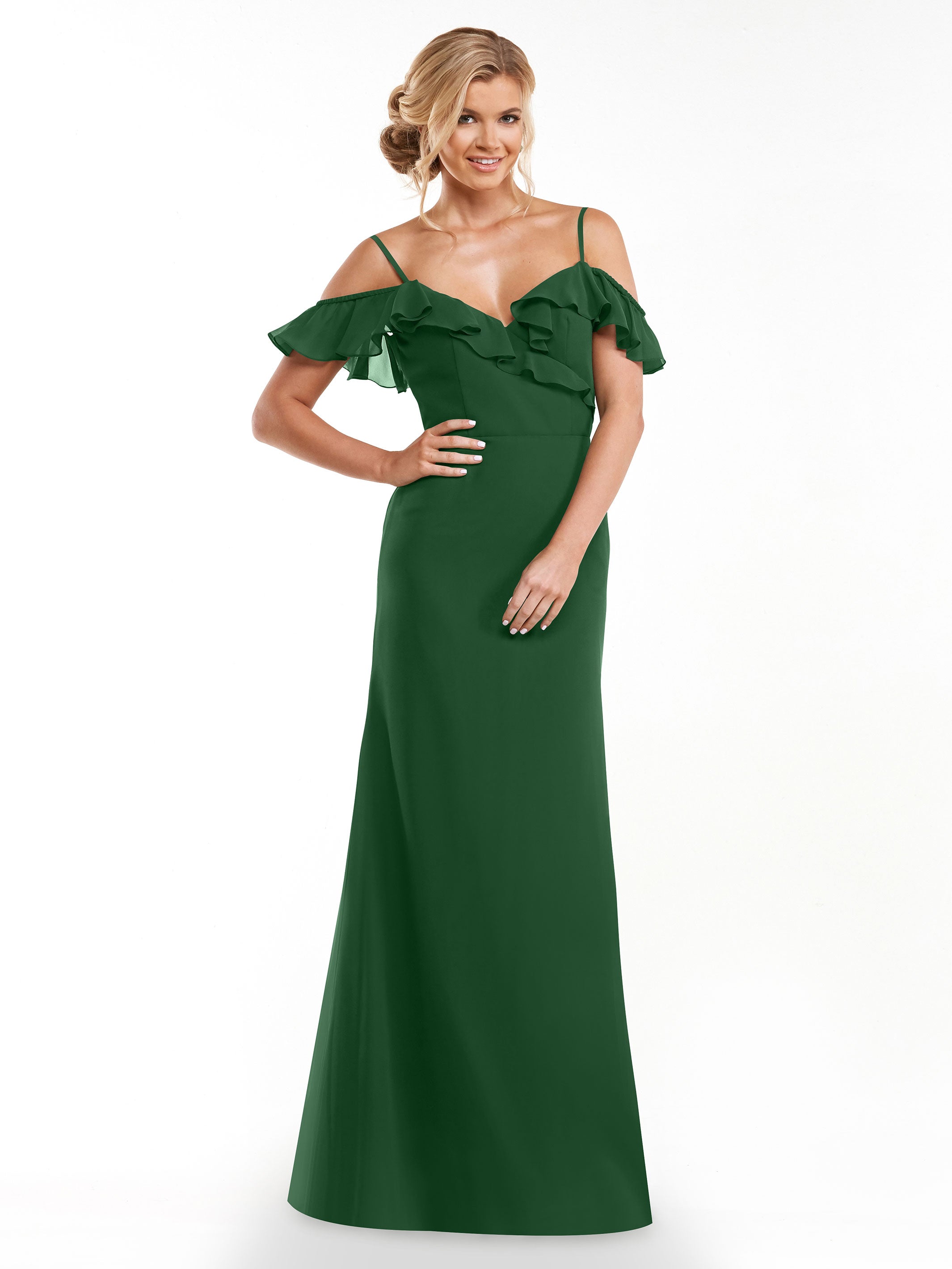 Elegant 80172 Chiffon Off-The-Shoulder A-Line Bridesmaid Dress with Ruffled Neckline - Perfect for Weddings, Formal Events & Evening Parties