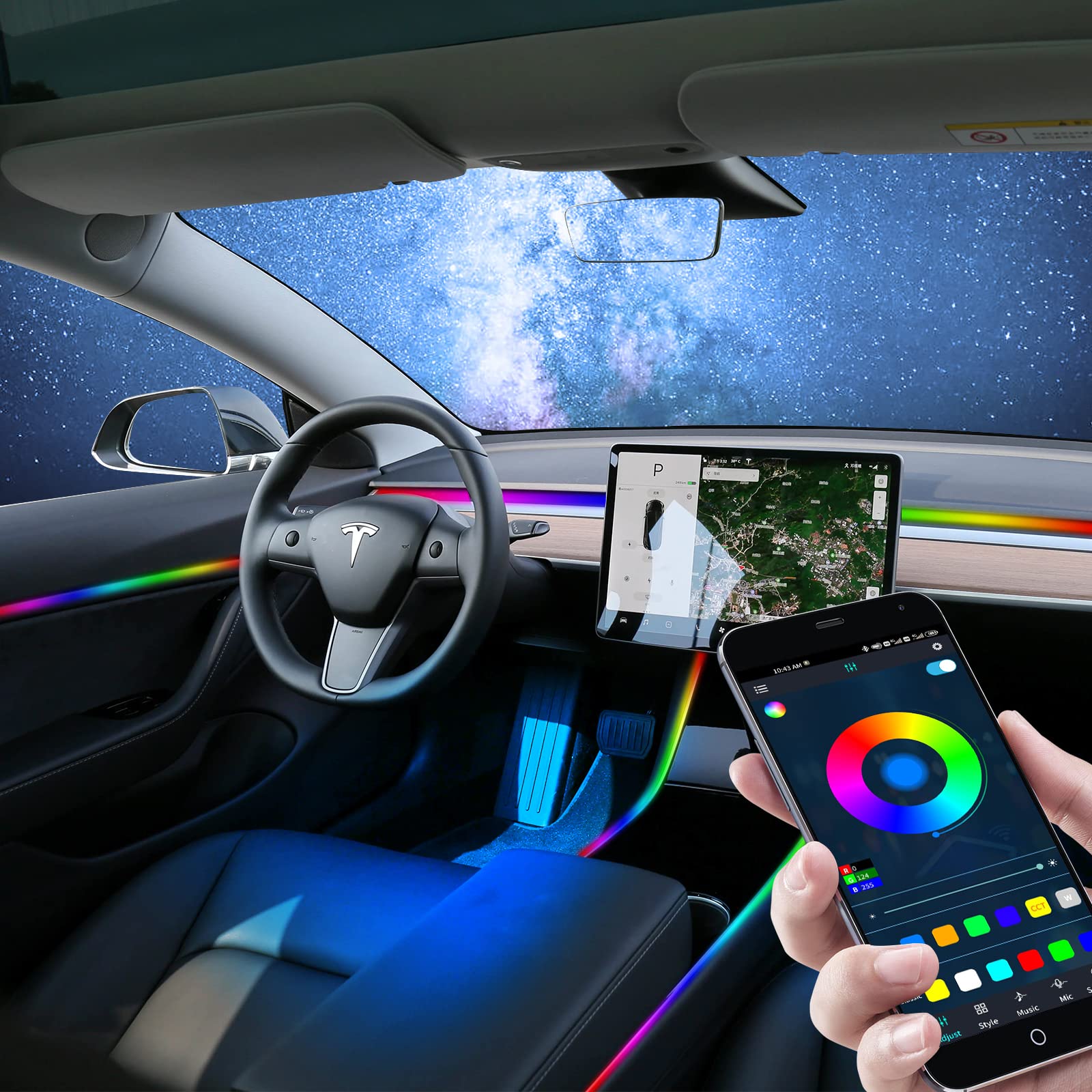 Tesla Dreamcolor LED Car Lights - 10-in-1 RGB Strip with APP Control for Interior Lighting