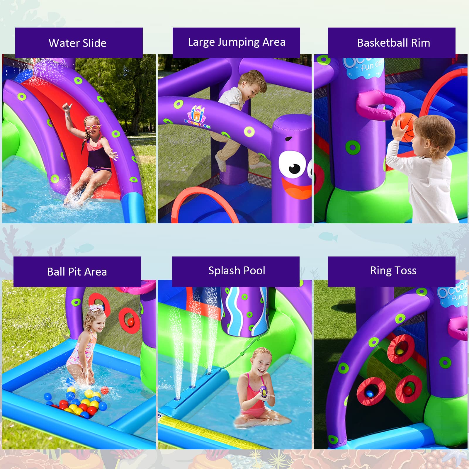 **HONEY JOY 6-in-1 Inflatable Water Slide & Bounce House with 750W Blower, Splash Pool, and Slide - Giant Outdoor Water Park for Kids & Adults - Perfect for Backyard Parties, Summer Fun, and Family Gatherings**