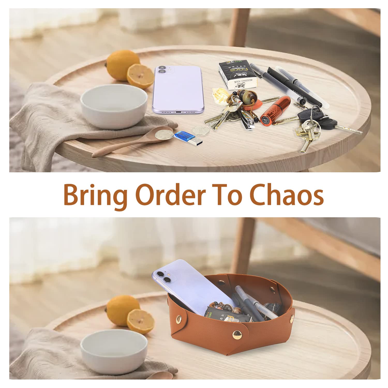 Premium PU Leather Valet Tray - 2 Pack Desktop Storage Organizer for Keys, Jewelry, Watches & Makeup | Stylish Grey & White Decorative Bowl | Perfect for Entryway Table, Nightstand, Dresser & Office Desk Organization