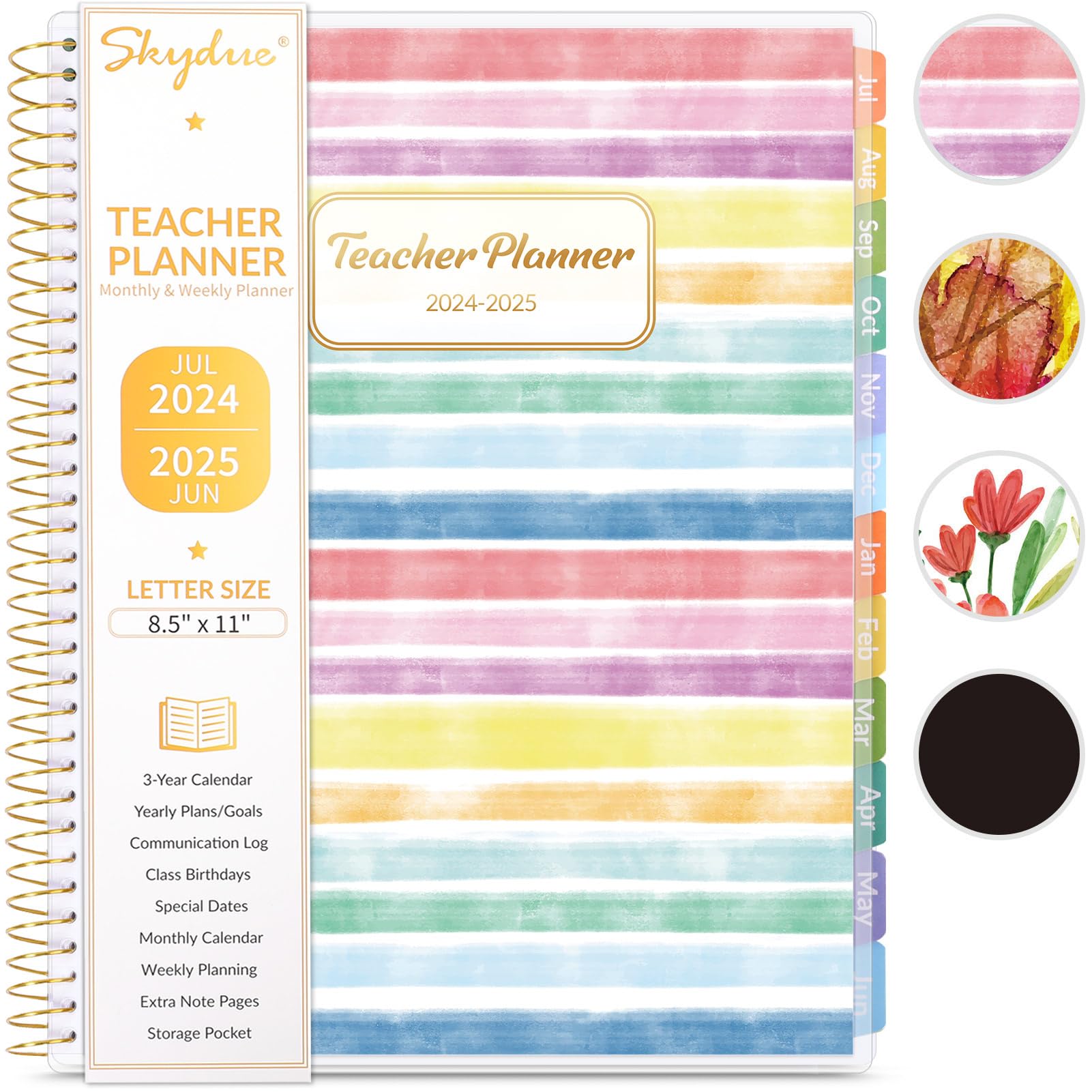 Skydue 2024-2025 Teacher Planner - Academic Year Lesson Plan Book (July 2024 to June 2025) with Monthly Tabs, Spiral Bound, Stickers & Functional Pages - 8.5