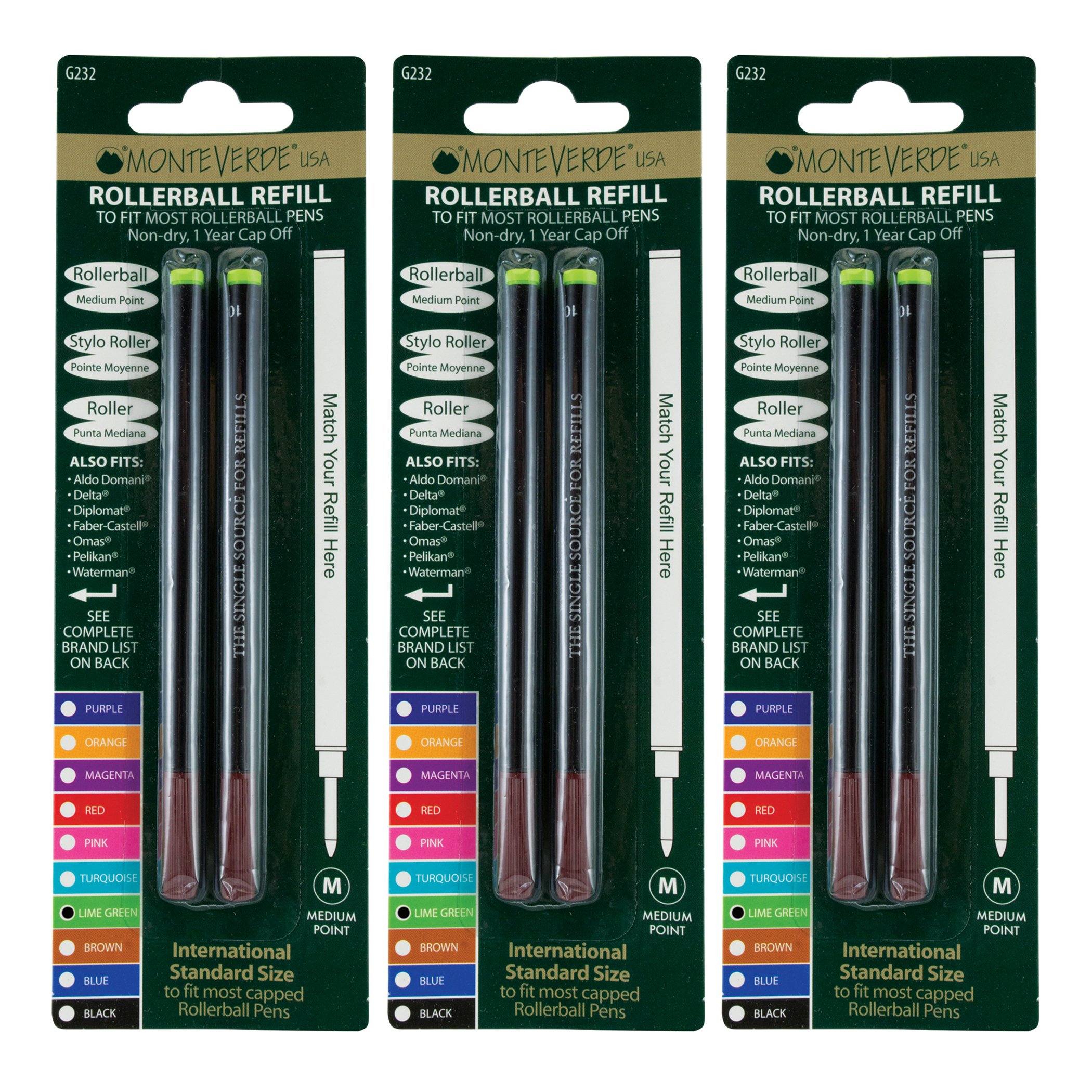 Monteverde Medium Rollerball Refill 6-Pack - Lime Green Ink for Smooth Writing - Compatible with Most Rollerball Pens - Perfect for Office, School & Note Taking (G233LG)