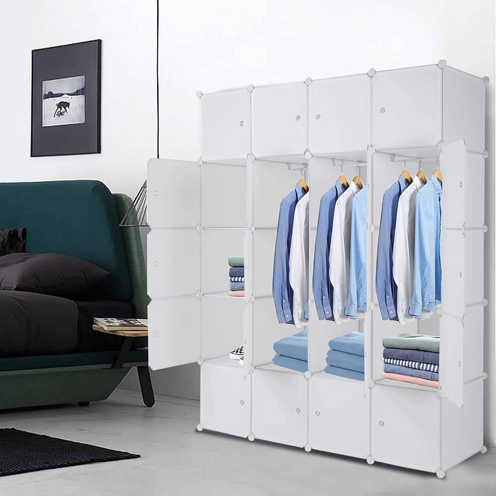 20-Cube Stackable Plastic Storage Shelves - Modular Closet Organizer with Hanging Rod, White | Space-Saving Home & Office Organization for Bedroom, Living Room, Kids Room