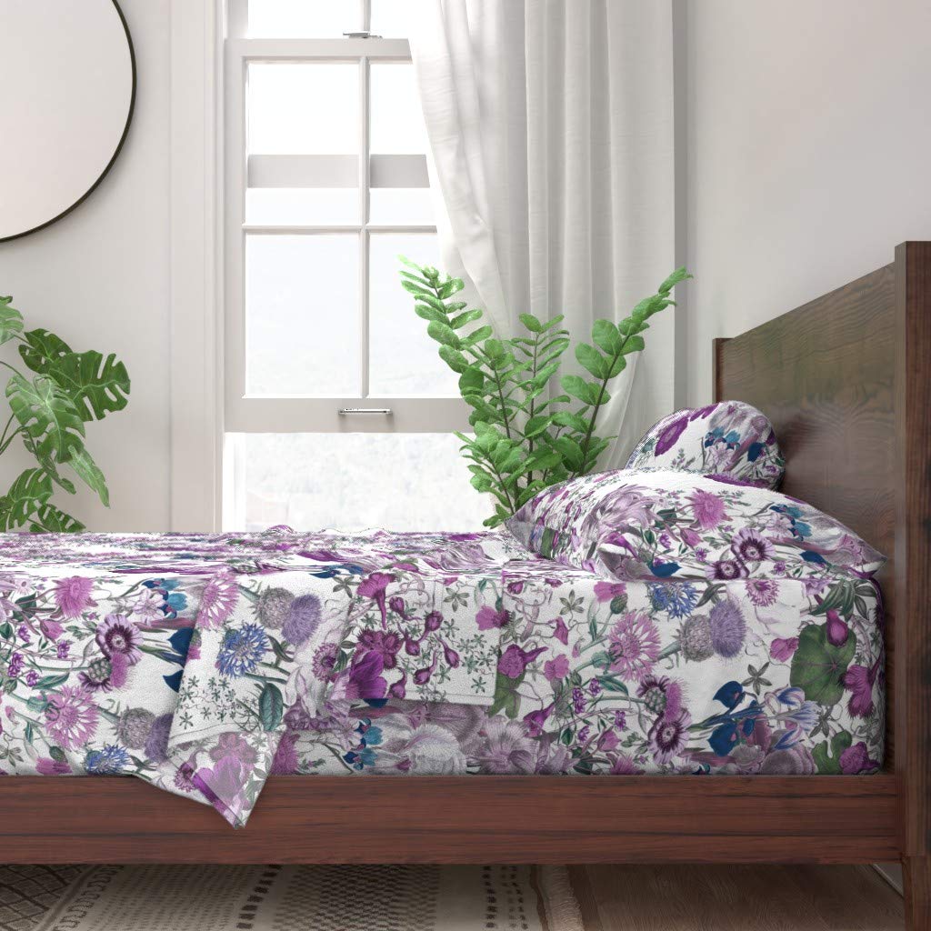 100% Cotton King Size 4-Piece Sheet Set | White Lilac Lavender Floral Botanical Print Bedding | Soft Breathable Sheets for Spring & Summer | Perfect for Master Bedroom, Guest Room & Vacation Homes