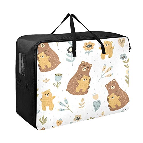 Cute Cartoon Bear Floral Print Quilt Storage Bag - Durable Moisture & Dust Proof Thick Polyester Organizer with Zipper Closure (27.6 x 19.7 x 11 inches) - Perfect for Blanket, Clothes & Seasonal Item Storage in Closet, Under Bed or Travel