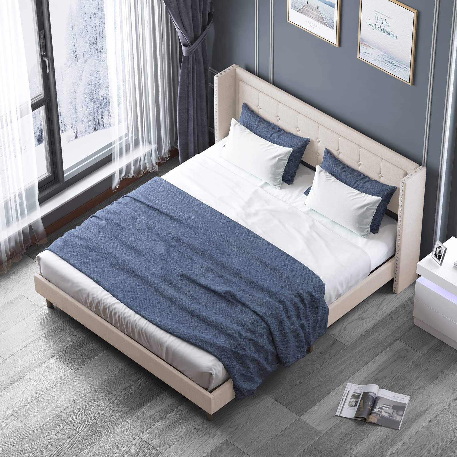 Modern King Size Platform Bed Frame with Wingback Headboard & Tufted Buttons - No Box Spring Needed, Easy Assembly (Beige) - Perfect for Master Bedroom, Guest Room, or Apartment