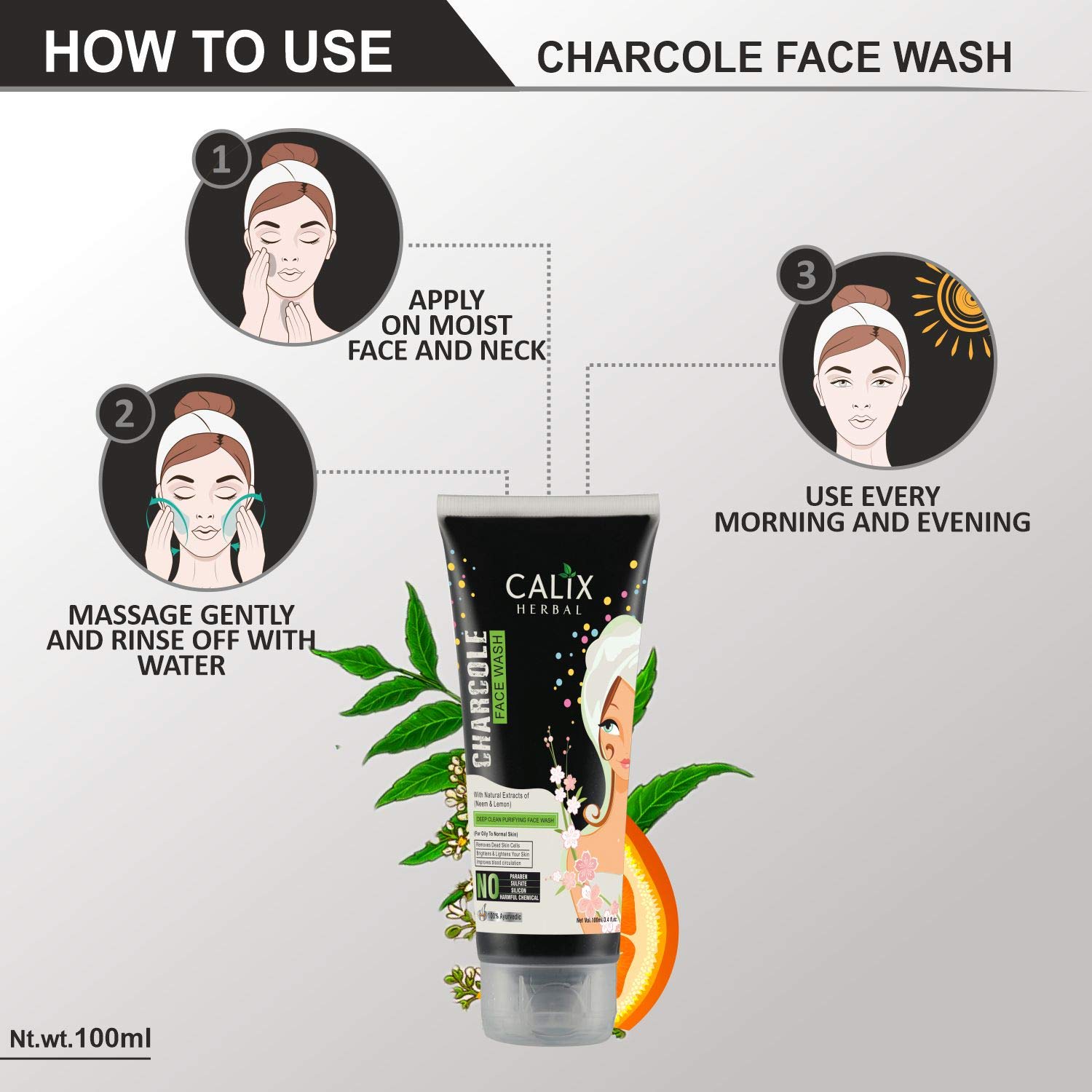 Calix Herbal Organic & Ayurvedic Charcoal Face Wash - Anti-Pollution, Exfoliating & Brightening Formula for Oily to Normal Skin | Oil Control & Acne Treatment | 100ml | Perfect for Daily Cleansing & Detoxifying Skin Routine
