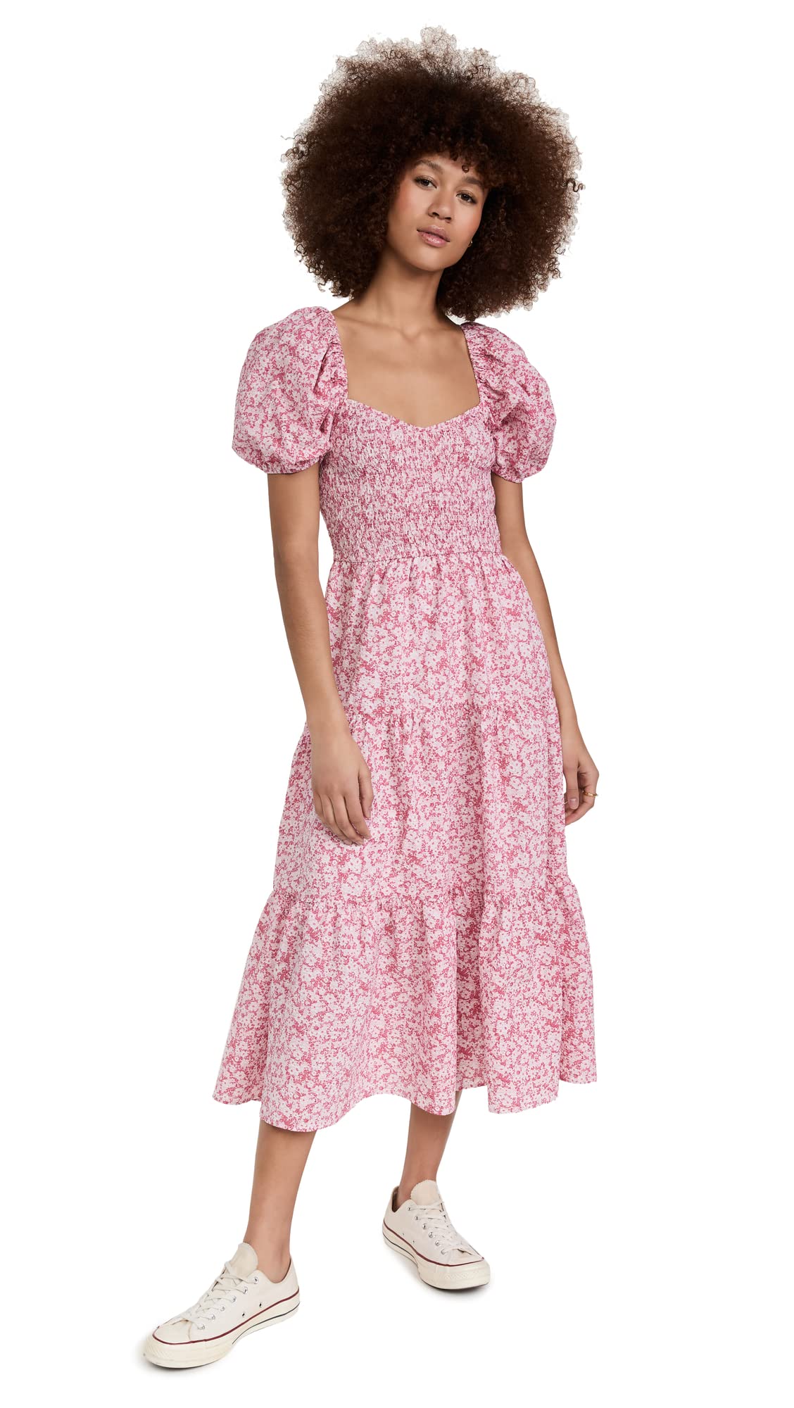 MOON RIVER Women's Smocked Dress - Floral Print Summer Midi Dress with Puff Sleeves | Perfect for Beach Vacation, Garden Party & Casual Outings