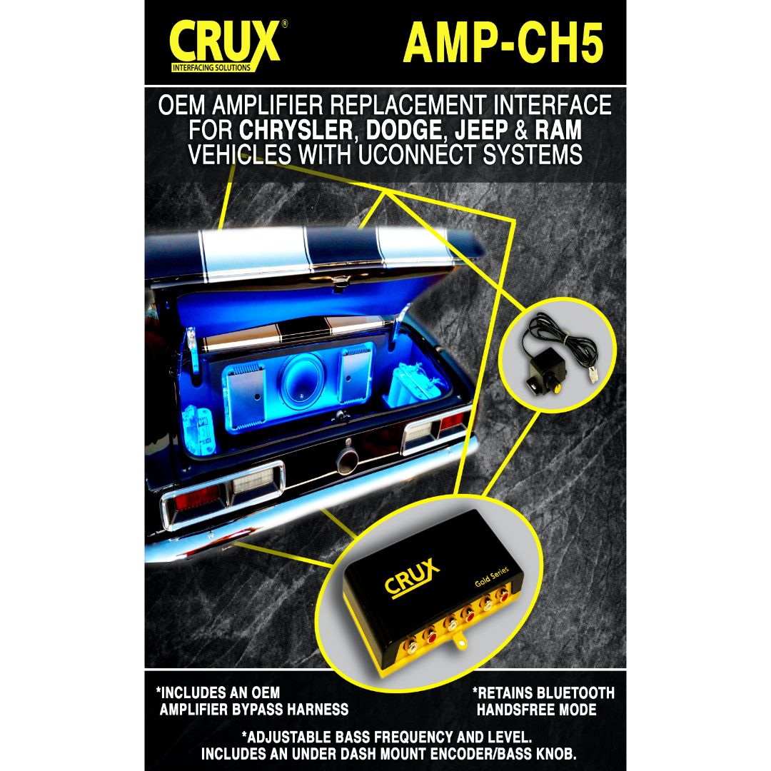 Crux AMP CH5 OEM Amplifier Replacement Interface for Chrysler Dodge Jeep RAM Vehicles - Uconnect System Compatible - Perfect for Car Audio Upgrades & Enhanced Sound Experience