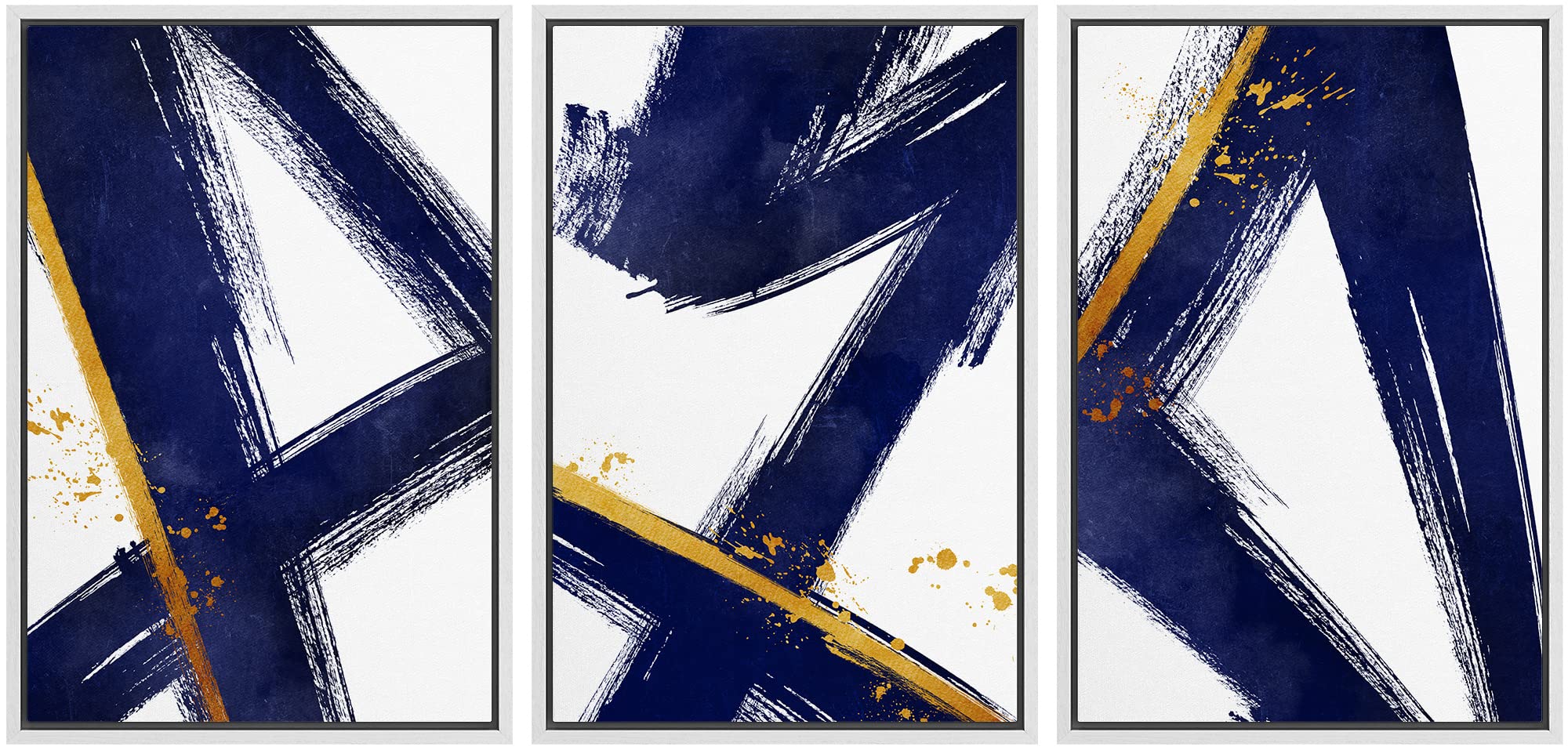 IDEA4WALL Framed Canvas Wall Art Set - Blue & Gold Geometric Graffiti Abstract Painting with Modern Stripes & Shapes, 24