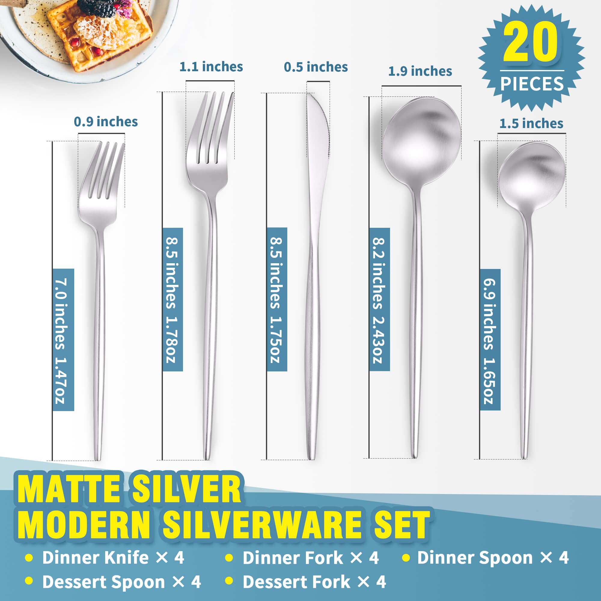 20-Piece Matte Silverware Set for 4 - Modern Stainless Steel Brushed Flatware Set with Knives, Spoons & Forks - Rustic Cutlery Set in Satin Finish - Dishwasher Safe - Perfect for Dinner Parties, Restaurants & Everyday Dining