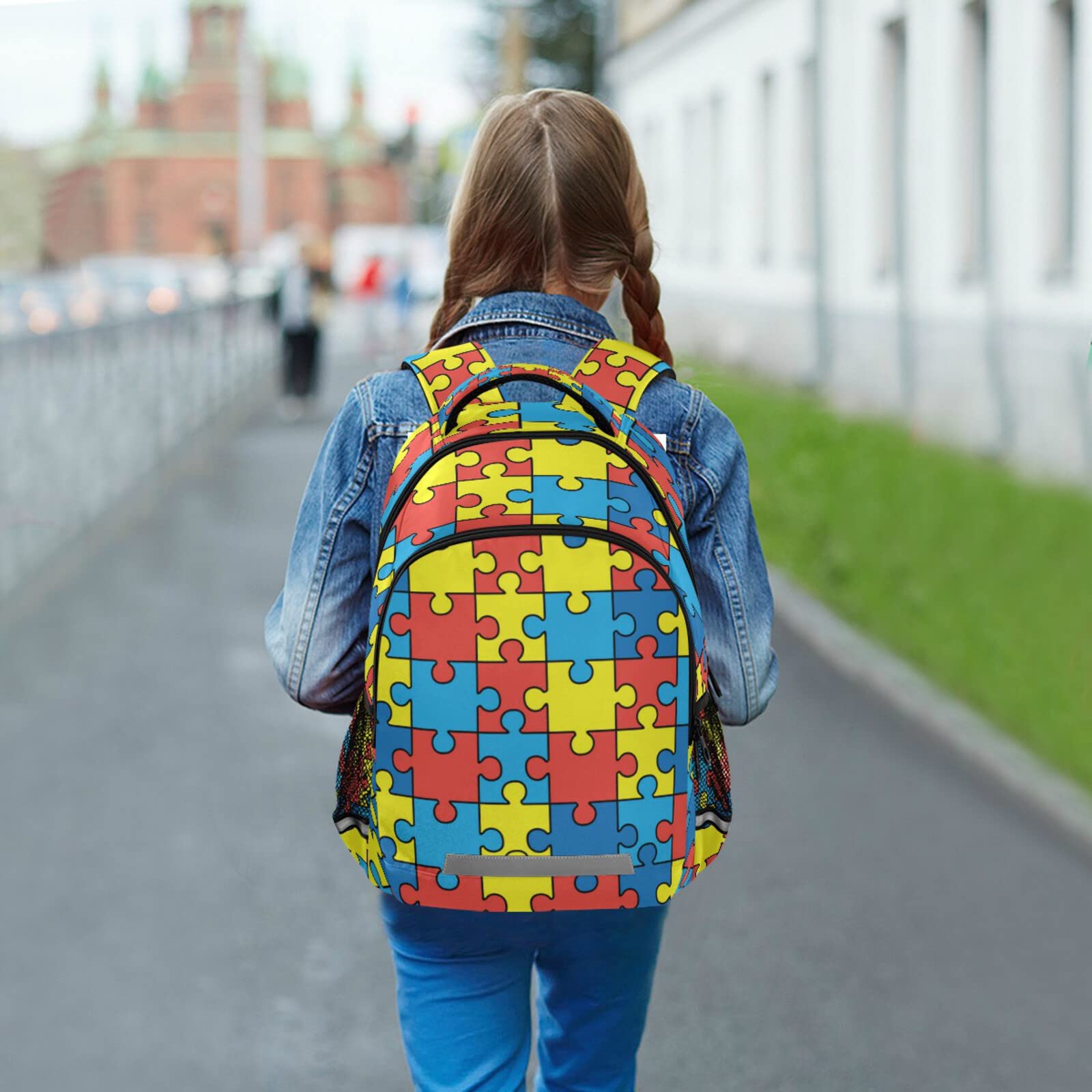 Autism Awareness Puzzle Print Kids Backpack - Colorful School Bag with Reflective Strips for Boys & Girls - Perfect for School, Travel & Daily Use
