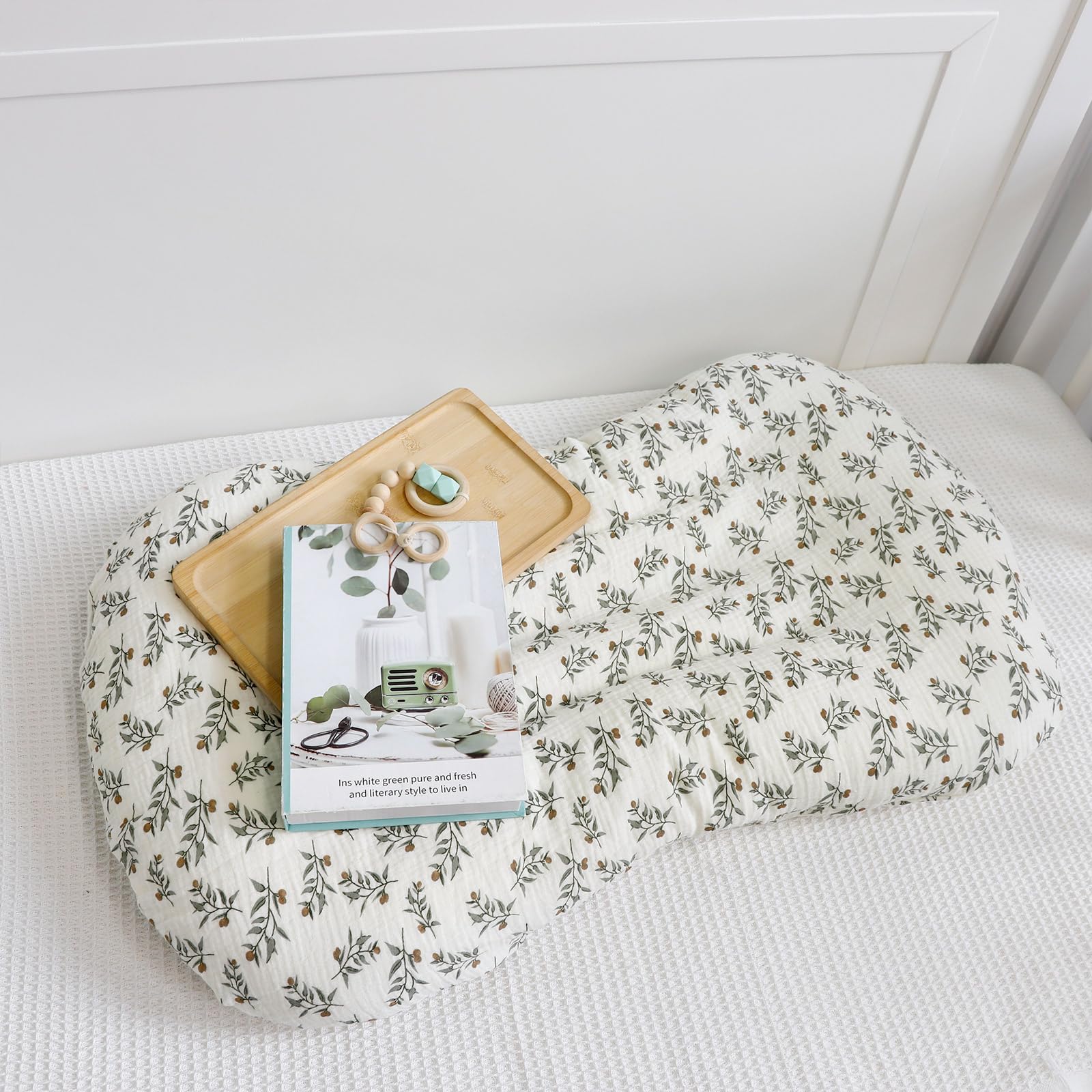 Hooyax 2-Pack Organic Muslin Baby Lounger Cover - Removable Padded Slipcover for Newborns & Infants, Soft Floor Seat Covers for Boys & Girls (Light Green & Leaf) | Perfect for Nursery, Playtime & Travel