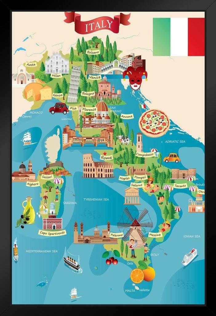 Vintage Italian Travel Destinations Illustrated Map - Detailed World Map with Cities for Wall Decor | Wood Frame Display 9x13 | Perfect for Home, Office & Travel Inspiration