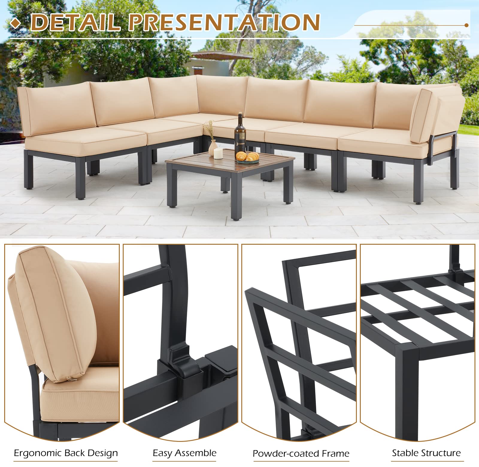 AECOJOY Outdoor Patio Furniture Set - 5-Piece Metal Sectional Conversation Sofa with Beige Cushions, Black Wrought Iron Garden Furniture for Backyard, Poolside & Deck Relaxation
