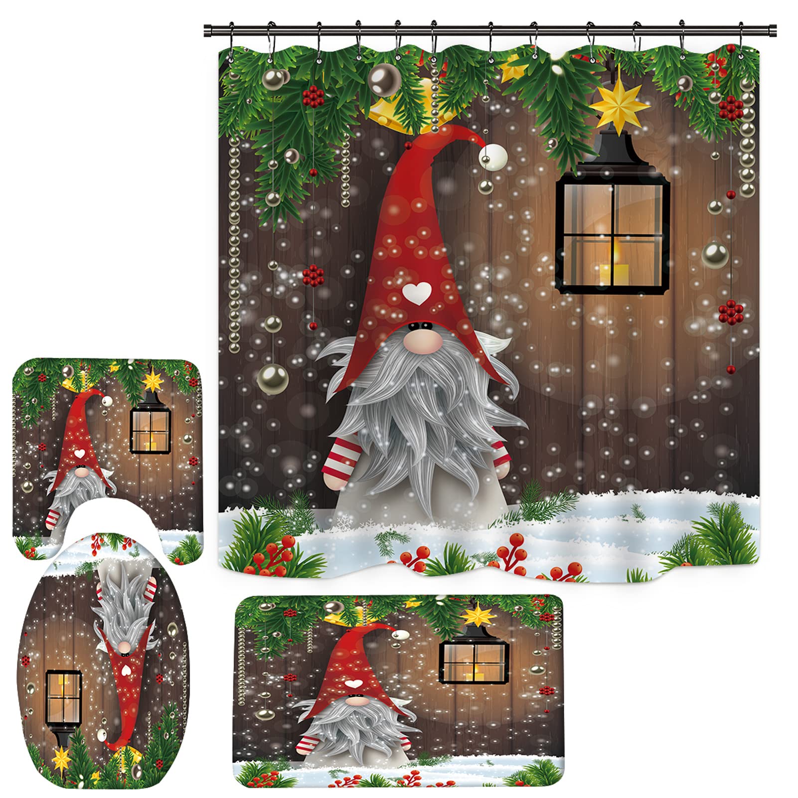 Vintage Gnome Christmas Shower Curtain Set - Rustic Farmhouse Bathroom Decor for Holidays