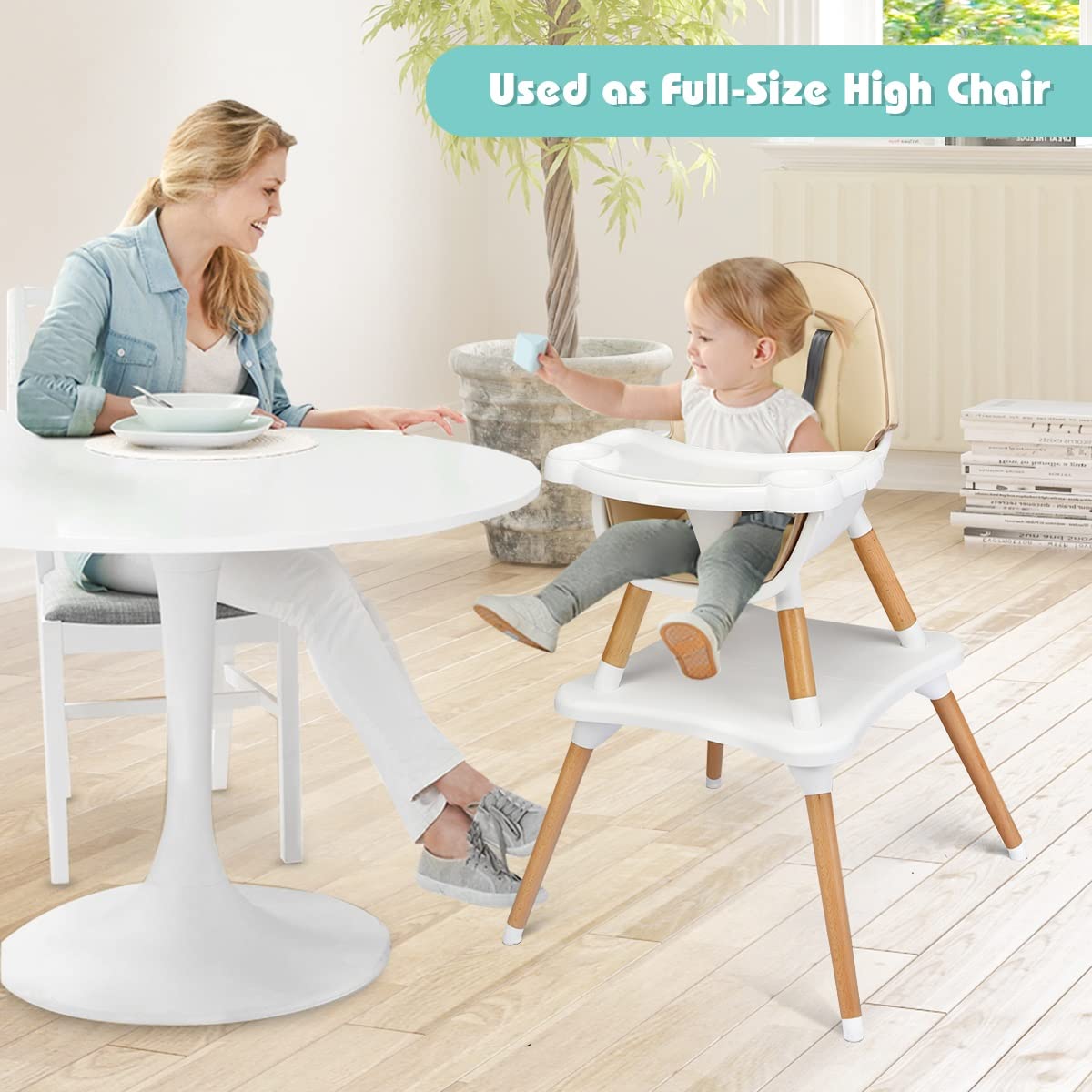 INFANS 5-in-1 Convertible Baby High Chair with 5-Point Safety Harness | Detachable Tray & Wipeable Cushion | Transforms to Toddler Table & Chair Set | Wooden Booster Seat for Infants & Kids (Khaki) | Perfect for Dining, Feeding & Playtime