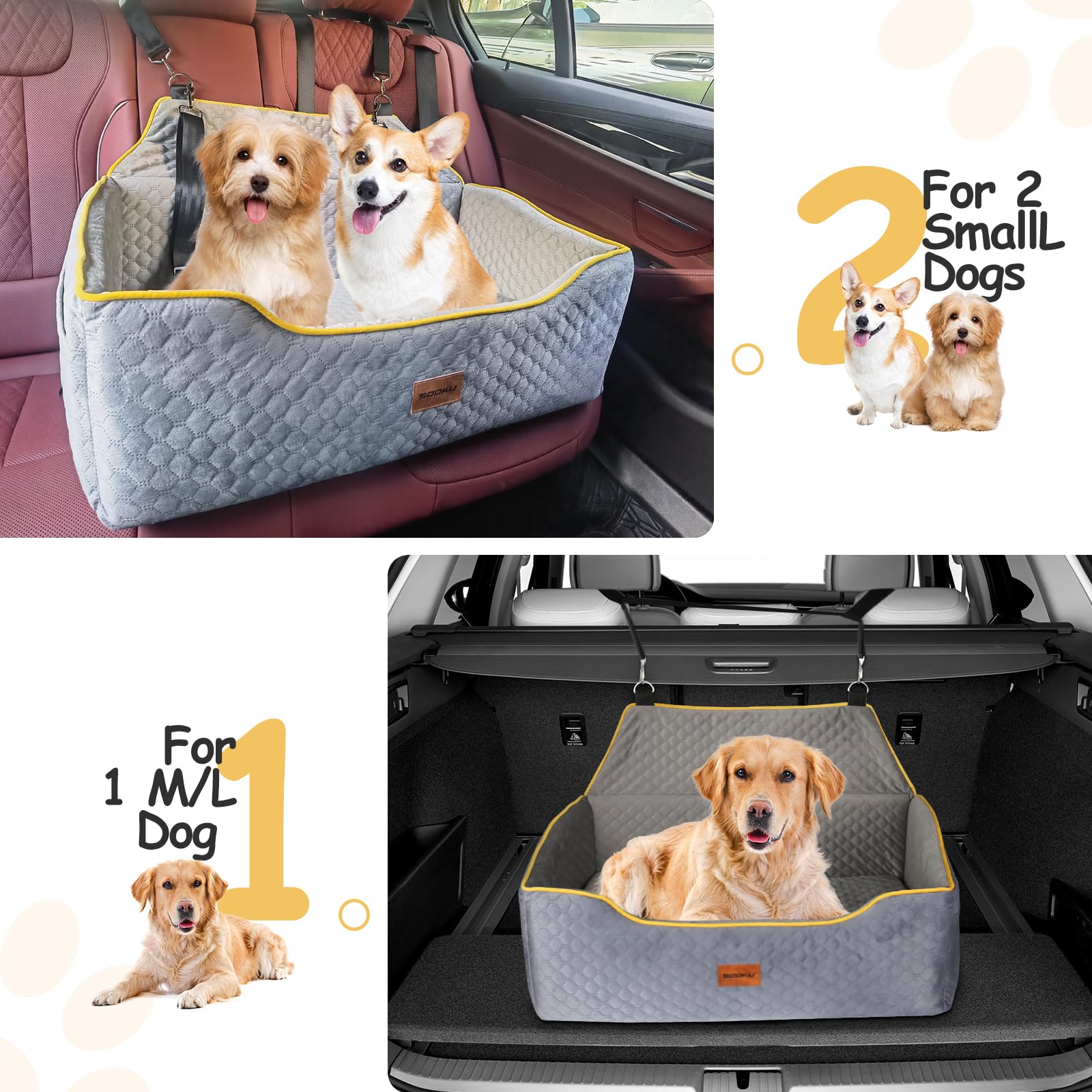 Memory Foam Dog Car Seat for Large/Medium Dogs or 2 Small Pets - Washable & Detachable Pet Booster Seat for Back Seats - Travel Safe Dog Carrier for Road Trips & Daily Commutes