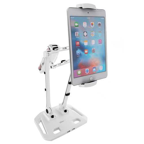 Dual Arm Adjustable Tablet Stand with USB Port - Swivel Mount Holder for iPad, Laptop, Phone - Perfect for Home Office, Gaming & Streaming