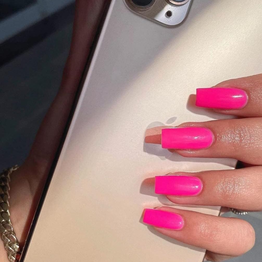 Xcreando Medium Long Square Press On Nails - Hot Pink Acrylic Fake Nails with Glue, Natural Thick Artificial Nails for Women | Perfect for Parties, Weddings, Date Nights & Everyday Glam
