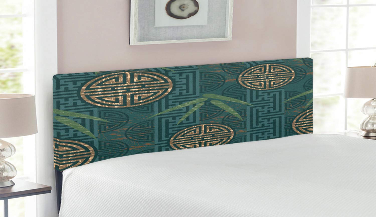 Ambesonne Queen Size Upholstered Headboard with Memory Foam - Oriental Bamboo Print Design in Teal, Ivory & Tan | Decorative Metal Bed Frame Headboard for Master Bedroom, Guest Room & Home Decor