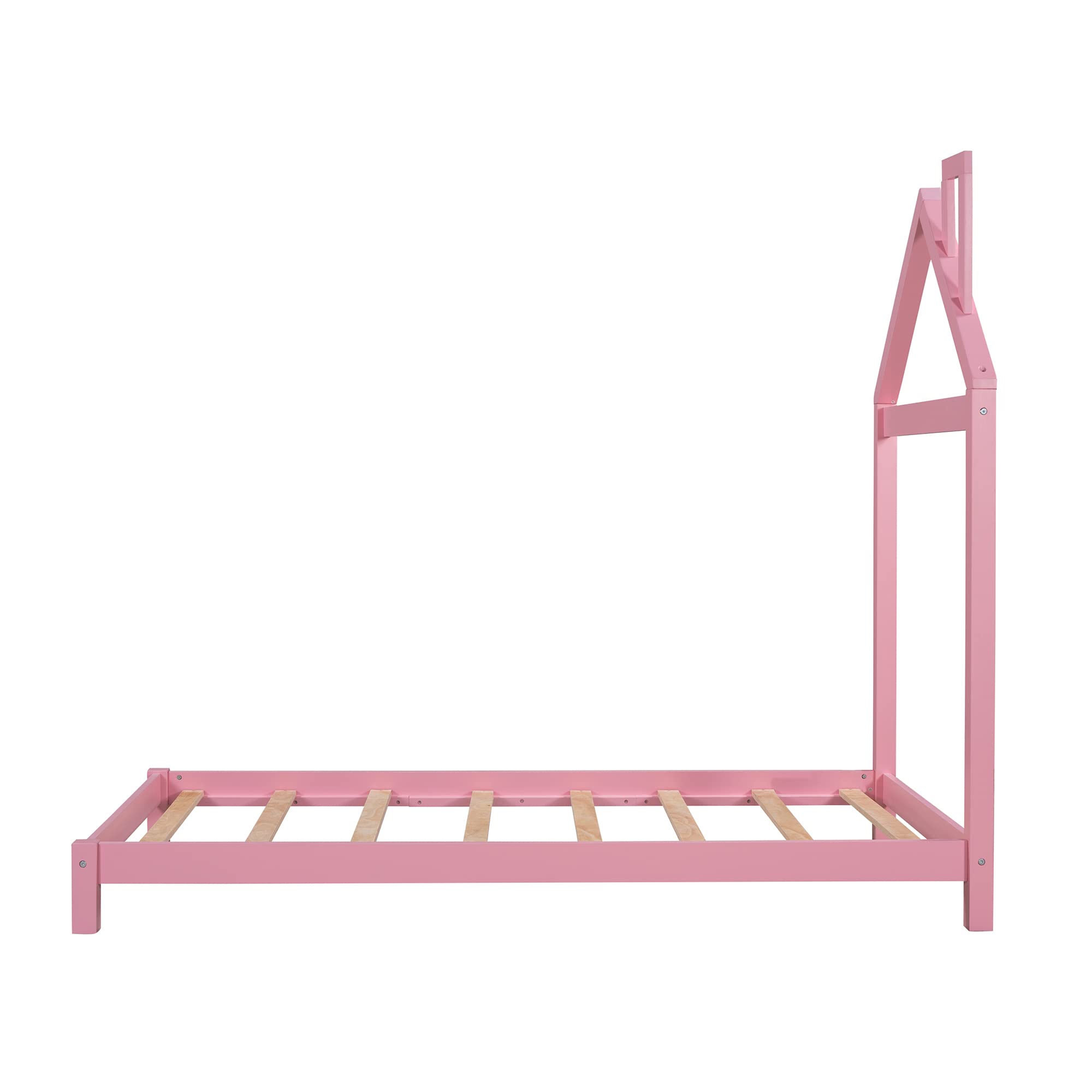 Twin Size Wood Platform Bed Frame with House Shaped Headboard - No Box Spring Needed, Pink - Perfect for Kids Rooms, Guest Bedrooms & Small Spaces