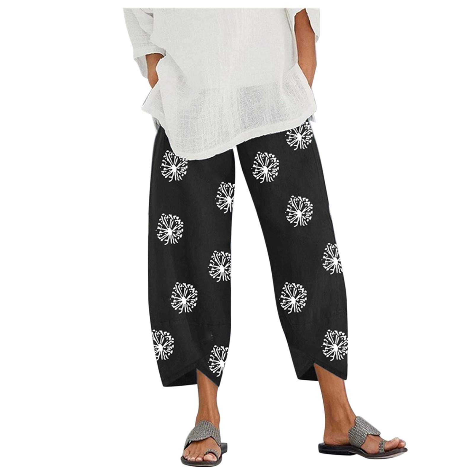 FENGQI Women's Casual Comfortable Elastic Waist Floral Print Wide Leg Pants - Perfect for Lounge, Yoga, and Everyday Wear
