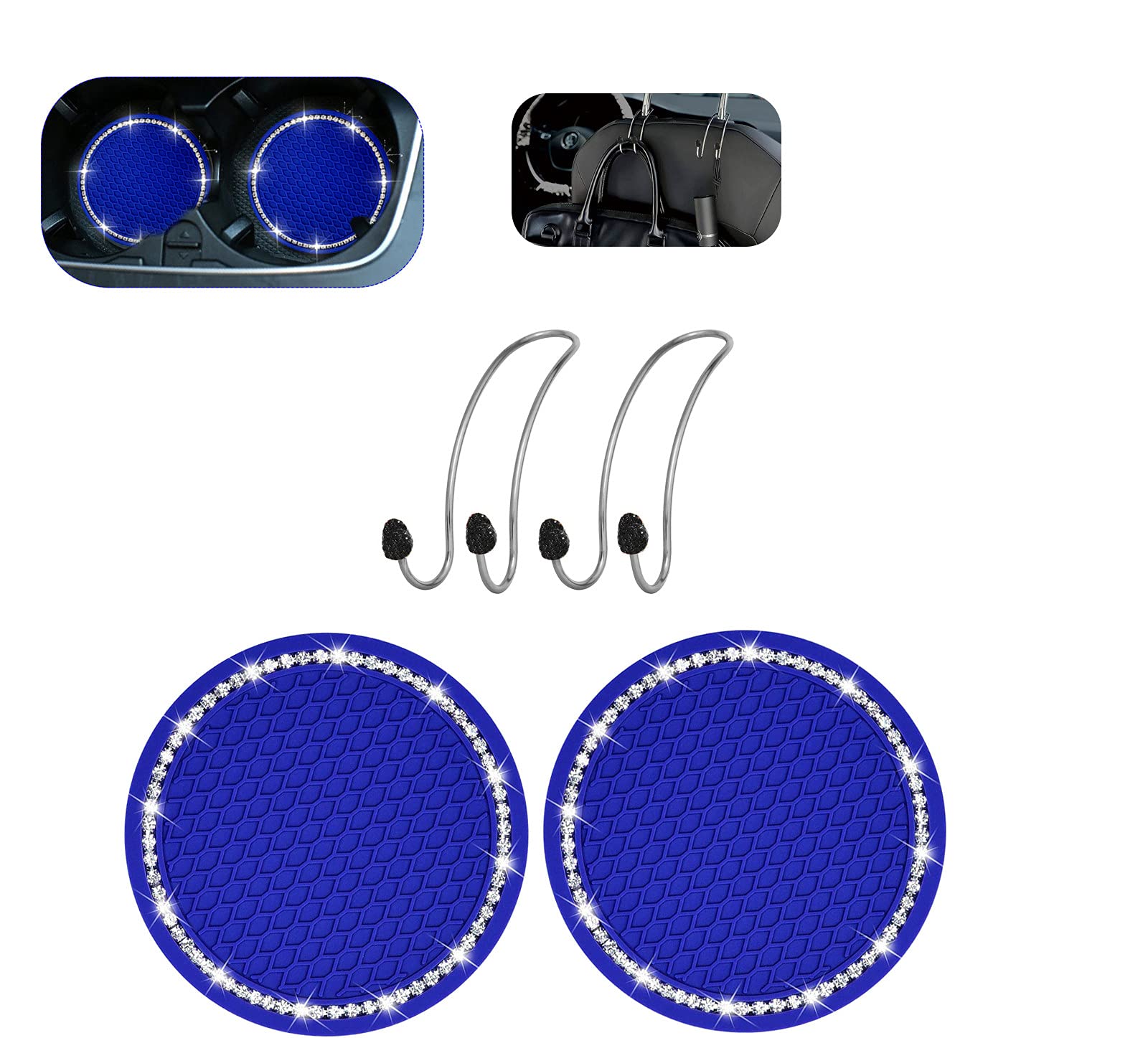 2.75 Inch Anti-Slip Silicone Car Cup Holder Coaster with Hooks - Cute Bling Car Interior Accessories & Universal Seat Back Organizer for Purse, Bag, Keys - Perfect for Road Trips, Commuting, and Daily Driving