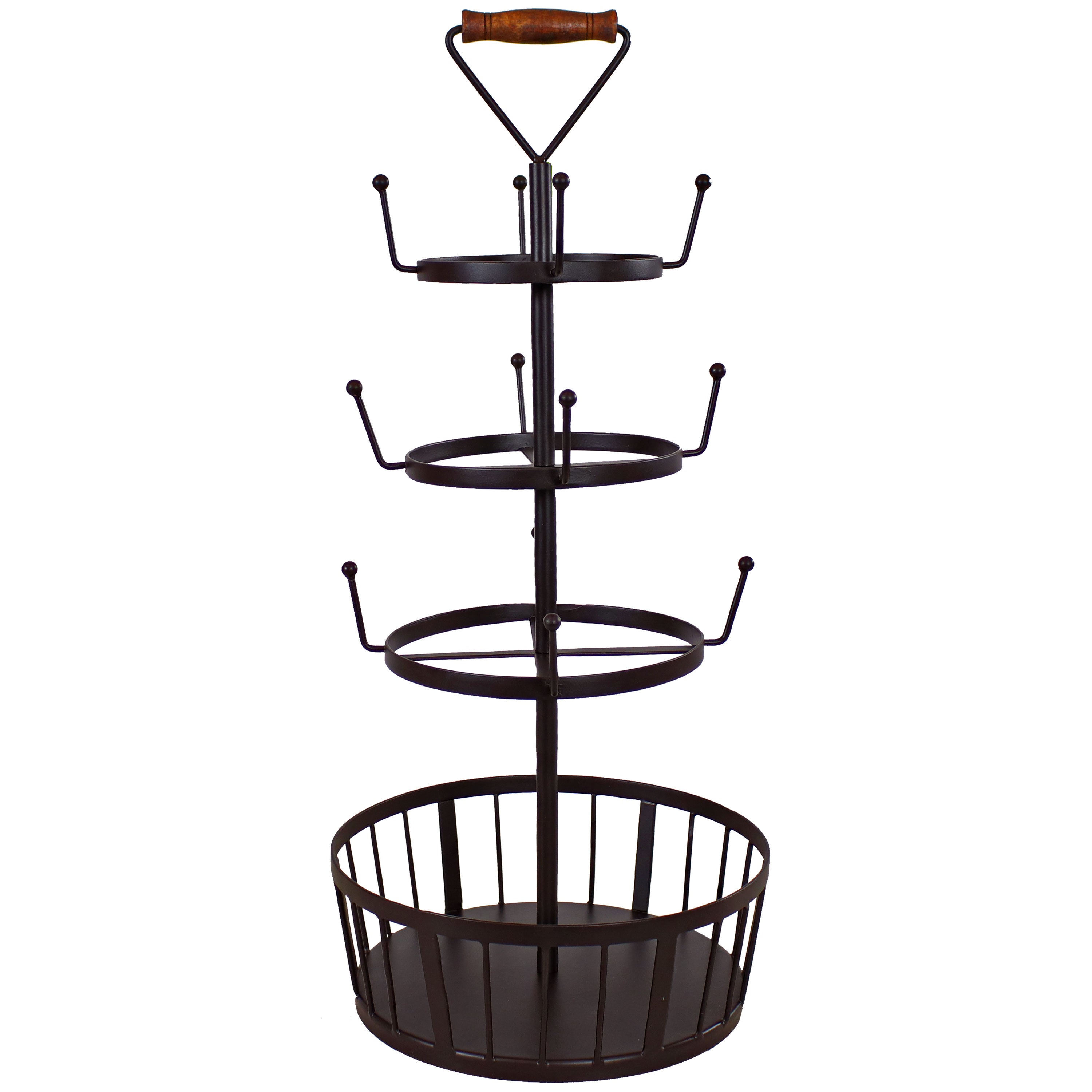 Sunnydaze 4-Tier Round Coffee Mug Tree with Basket - Dark Brown - Perfect for Kitchen, Office, or Dining Room Storage & Organization