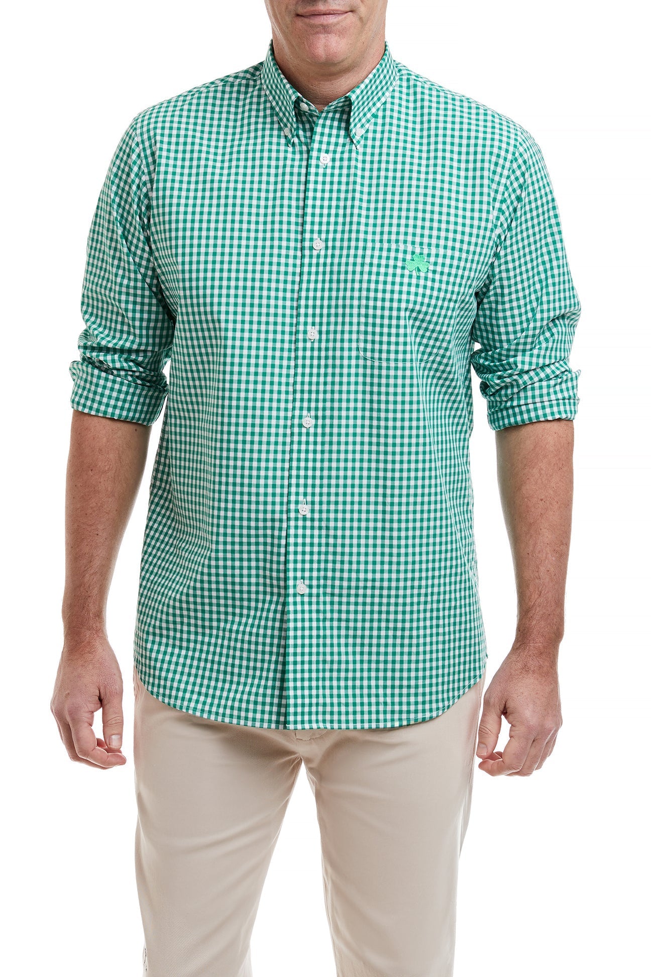 Chase Shirt Wide Gingham Green with Single Shamrock - Stylish Casual Button Down Shirt for Men - Perfect for St. Patrick's Day, Office Wear & Spring Outfits