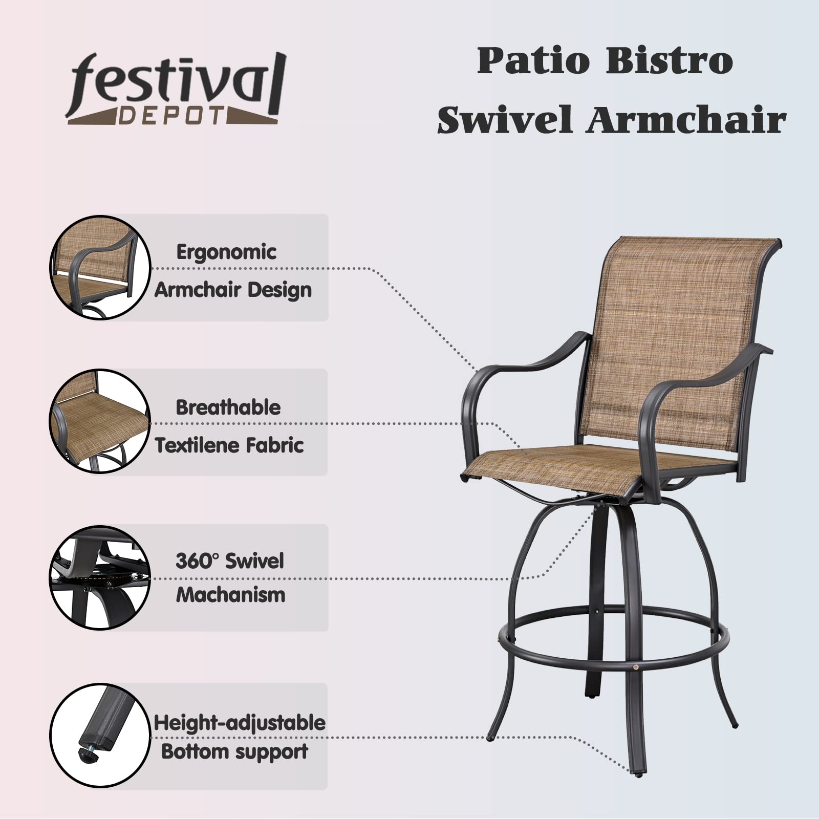 6-Piece Patio Dining Set with Swivel Bar Stools & Tempered Glass Table - Outdoor Metal Bistro Furniture for Yard, Garden, or Balcony (Brown) - Perfect for Entertaining, BBQs, and Relaxing Outdoors