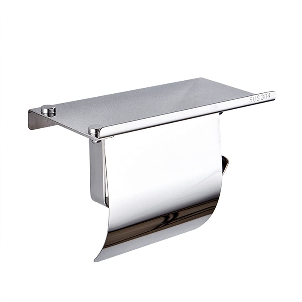 Stainless Steel Toilet Paper Holder with Shelf - No Drill Wall Mounted Bathroom Organizer for Phone & Standard Roll Toilet Paper - Perfect for Small Bathrooms, Apartments, and RVs