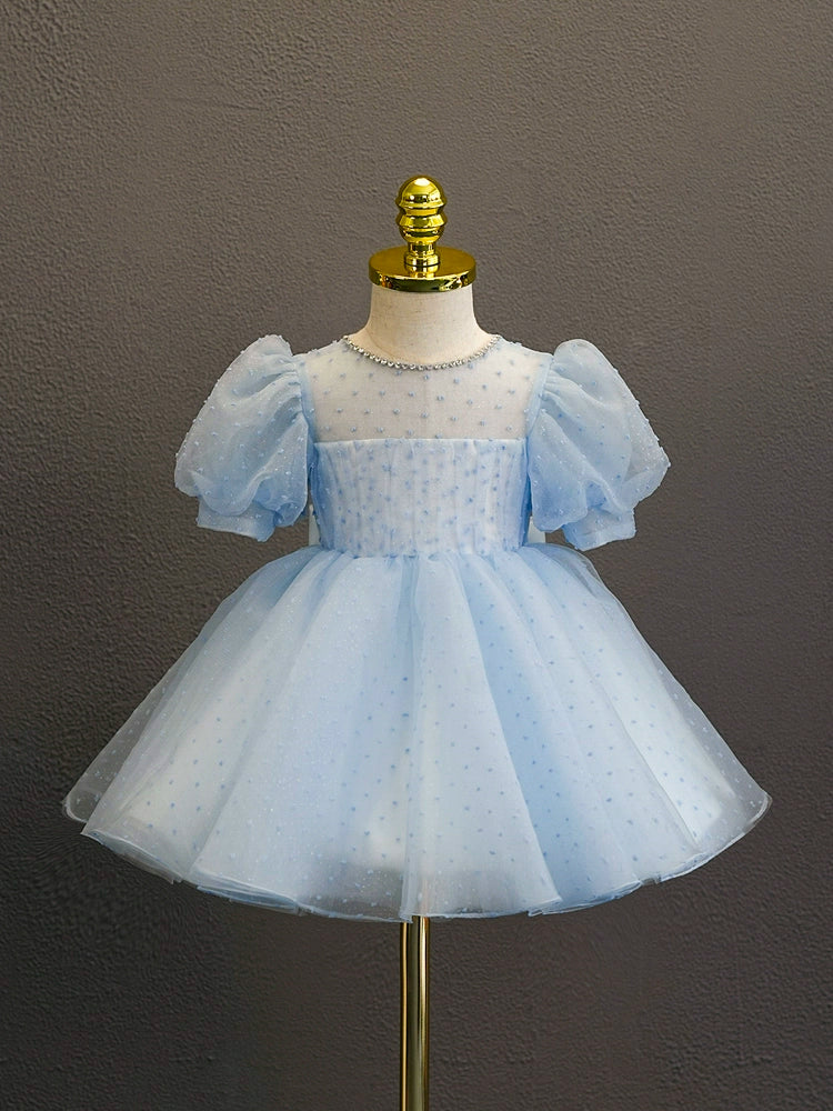 Royal Blue Princess Round Neck Tea-Length Tulle Flower Girl Dress for Weddings & Special Occasions
