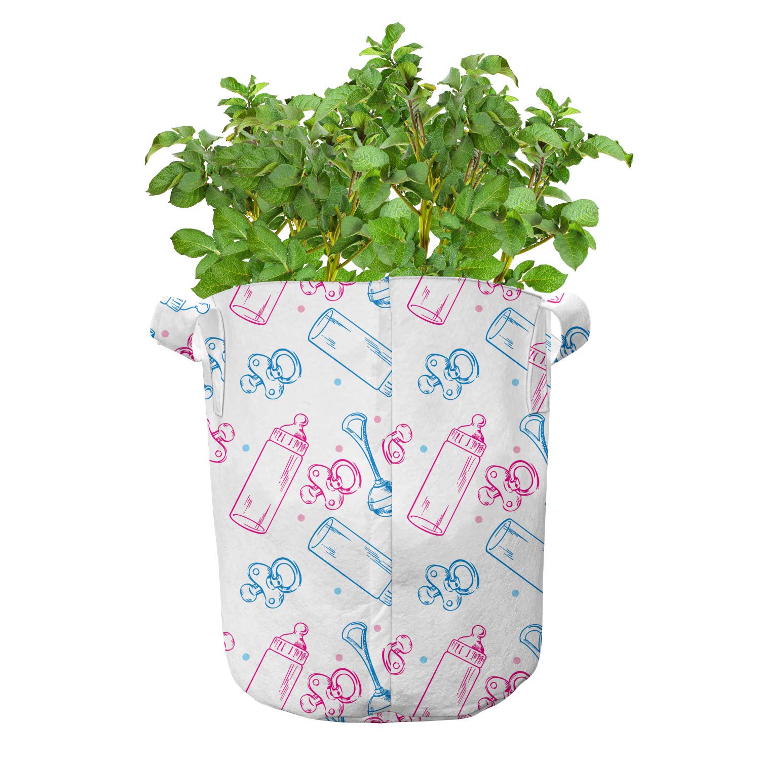 Ambesonne 5-Pack Cartoon Grow Bags - Heavy Duty Fabric Plant Pots with Handles, Minimalist Milk Art Pattern in White, Pink & Blue - Perfect for Indoor/Outdoor Gardening, Balcony Decor & Plant Lovers
