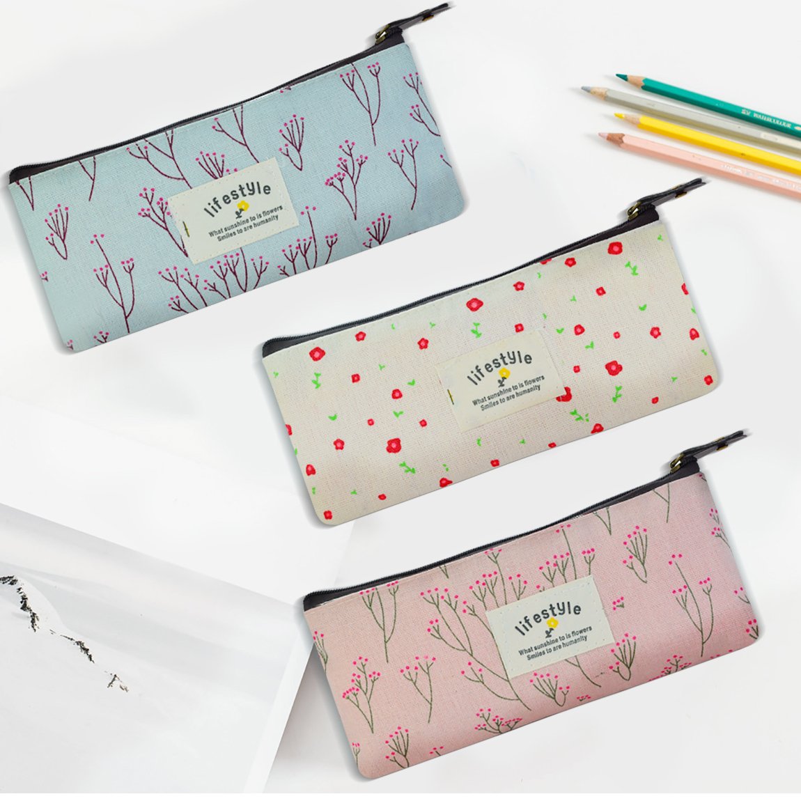 Miayon Floral Pencil Case & Cosmetic Bag Set of 3 - Vintage Countryside Design for School, Office & Travel Organization