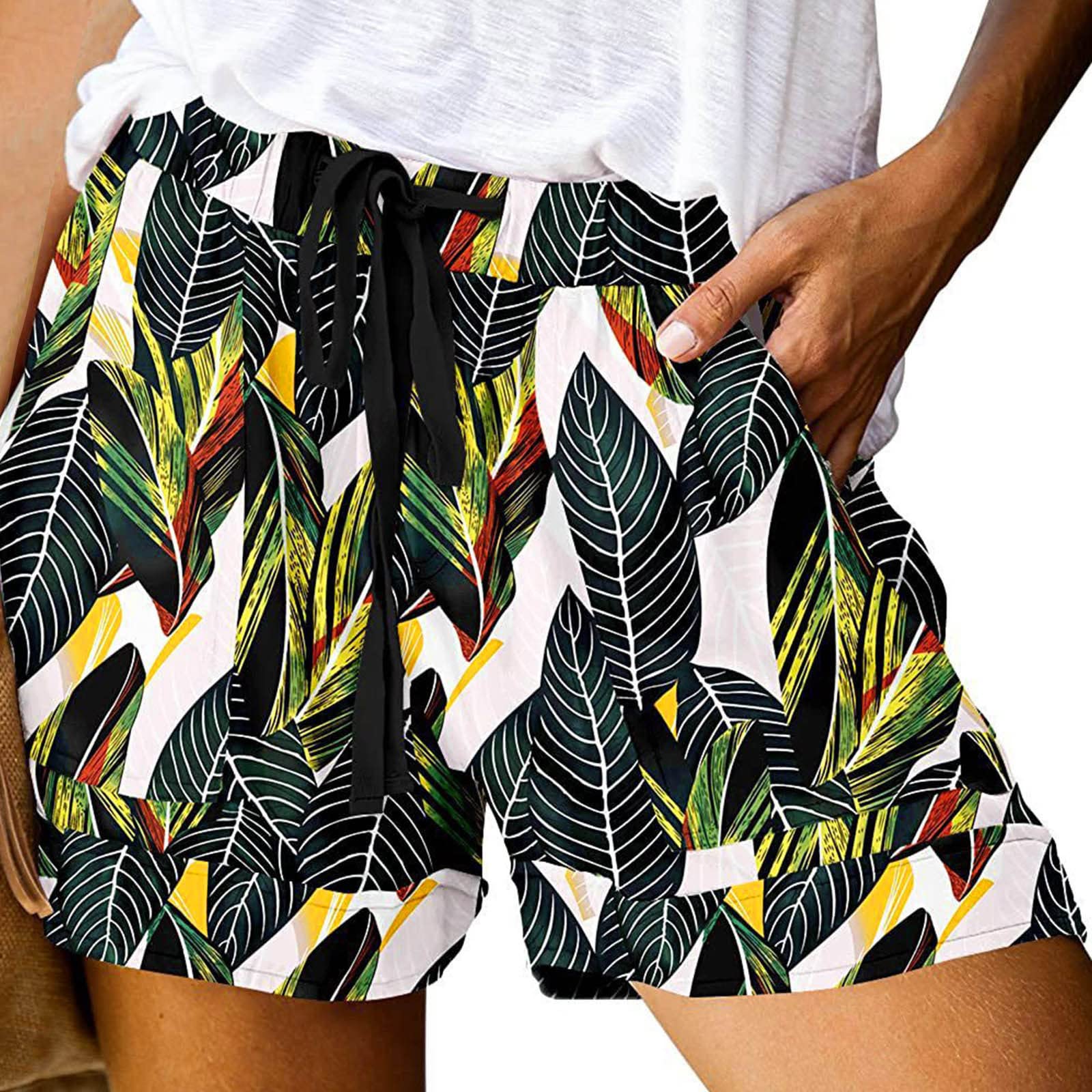 Women's Floral Beach Shorts - Elastic Waist with Pockets for Summer Vacation