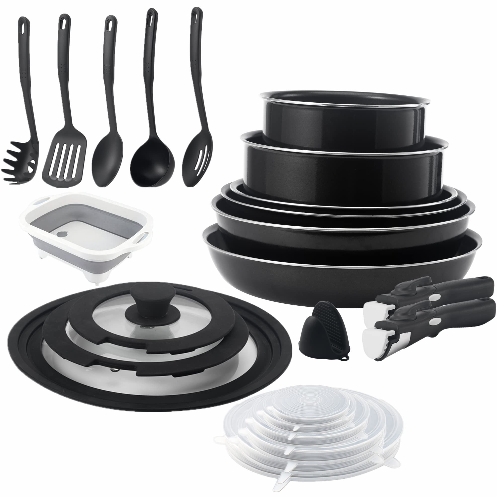 24-Piece Non-Stick Cookware Set with Removable Handles - Stackable Pots and Pans for Camping, RV & Home Use - Includes Foldable Dishes, Collapsible Cutting Board - Induction & Dishwasher Safe - Perfect for Outdoor Adventures, Tiny Homes & Compact Kitchens