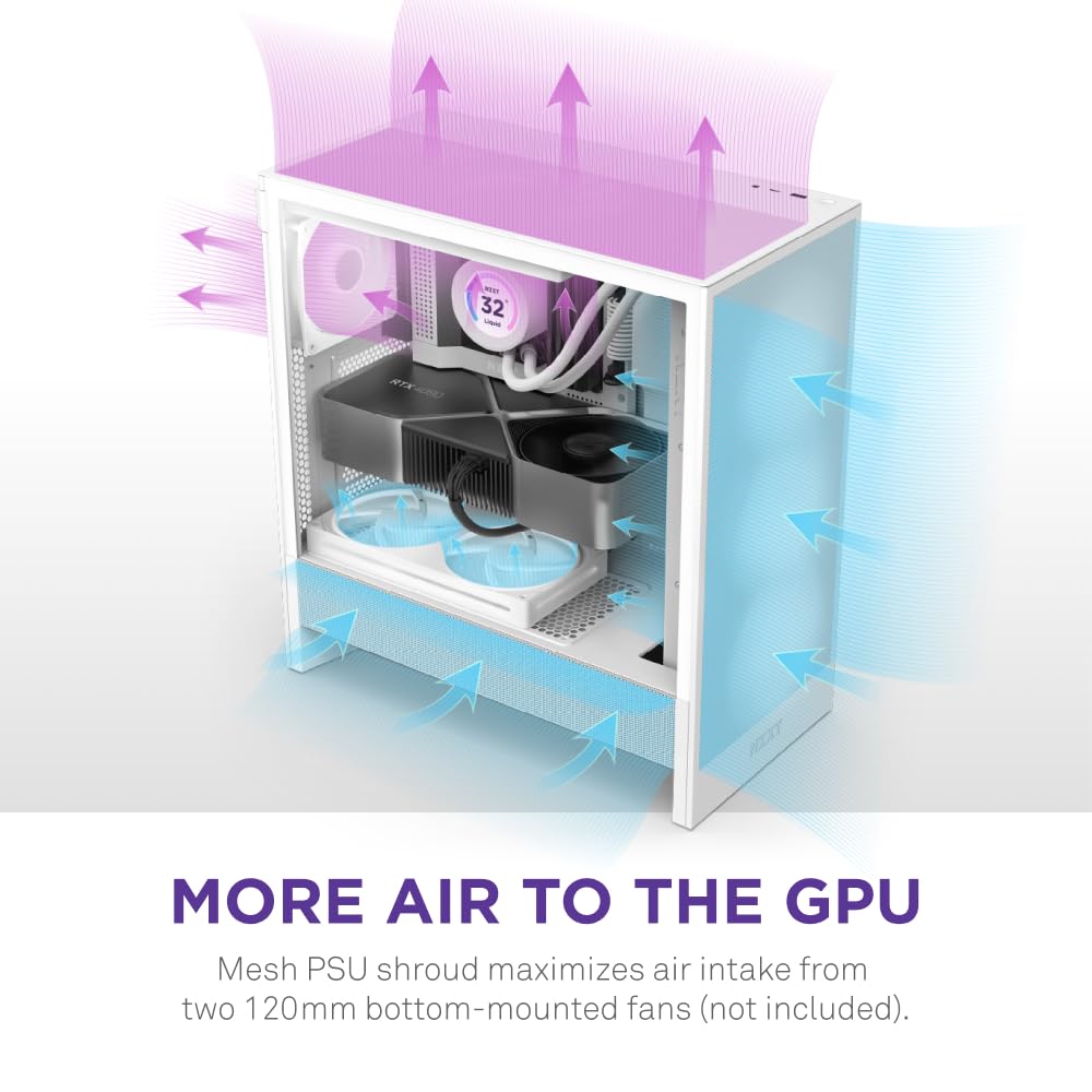 NZXT H5 Flow 2024 Compact ATX Mid-Tower PC Gaming Case - High Airflow Design with 2 x 120mm Fans - Supports 360mm Front & 240mm Top Radiators - Premium Cable Management & Tempered Glass Panel - Sleek White Finish - Perfect for Gaming Rigs, Streaming Setups & Workstation Builds