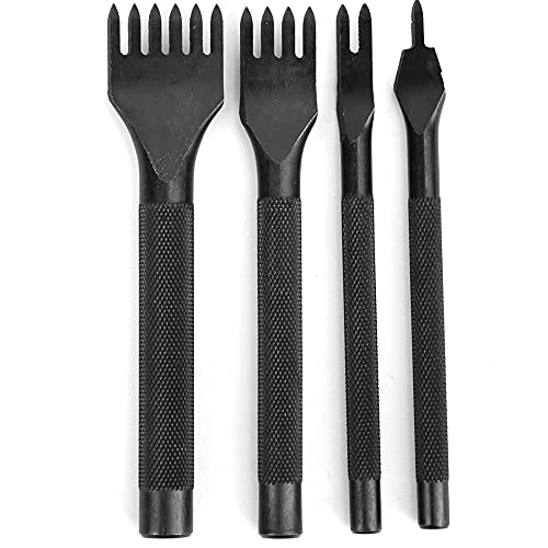 GLOGLOW 4 Pcs Leather Prong Punch Tool Set - 4mm Black Electroplated Leather Chisel Kit for DIY Leather Crafting, Belt Making, Wallet Repair & Handmade Leather Accessories