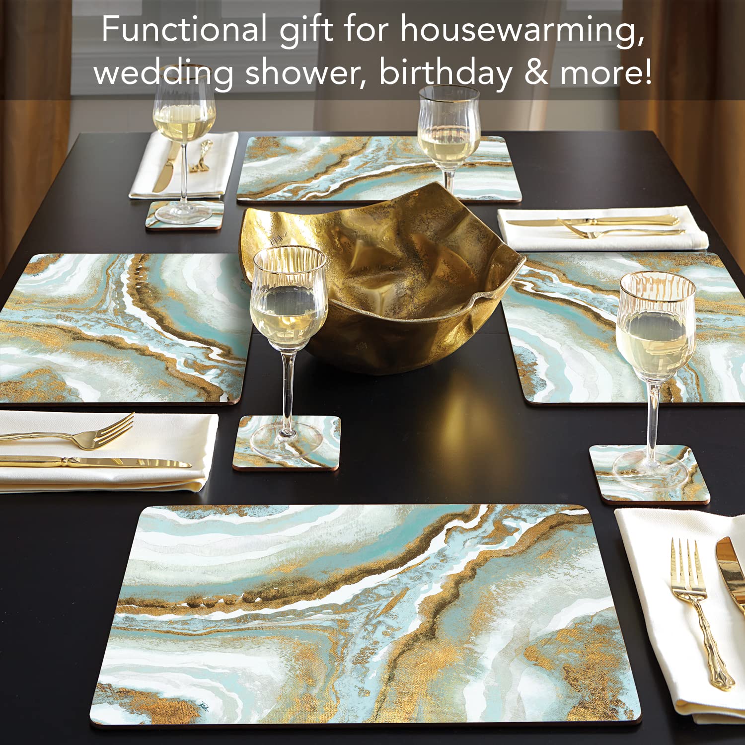 Premium Teal Agate Cork Back Tabletop Placemats - Set of 4 | Heat-Resistant & Easy to Clean | USA Made | Perfect for Dining Tables, Kitchen Countertops & Office Desks