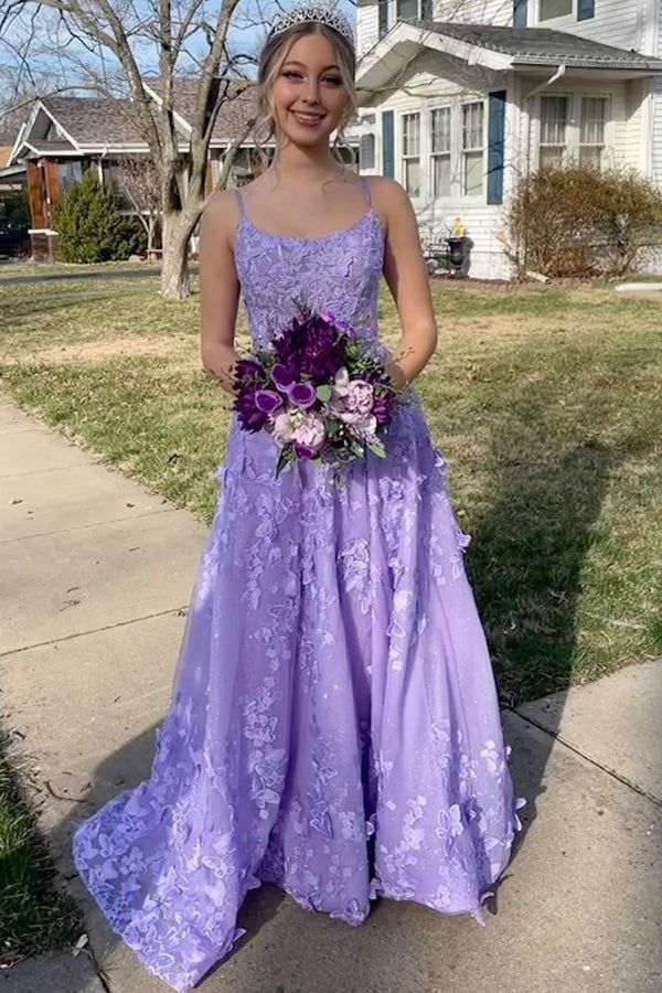 Lavender Spaghetti Strap A-Line 3D Lace Floral Long Prom Dress J6083 - Elegant Evening Gown for Homecoming, Wedding, and Formal Events