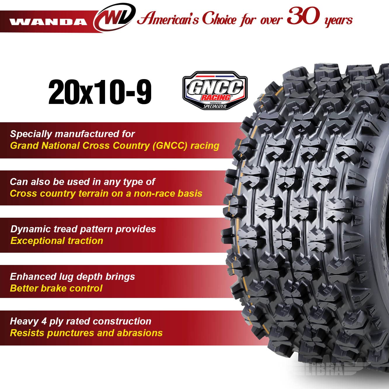 WANDA 2 Sport ATV Tires 20x10-9 20x10x9 - Compatible with Honda TRX 250R 300EX 450R ATC250R - Heavy Duty Rear GNCC Racing Tires for Off-Road, Trail Riding & Mud Terrain Performance