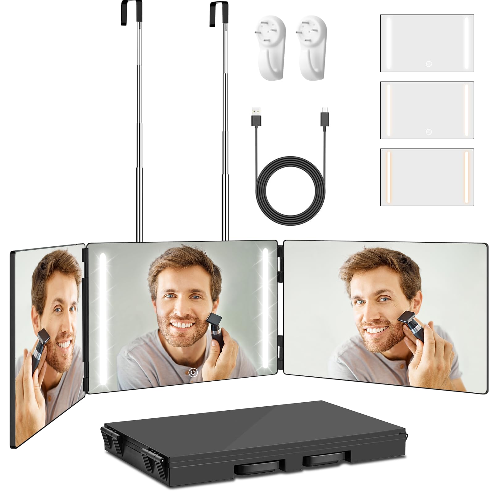 360° LED Lighted Trifold Mirror for Hair Cutting, Makeup & Styling - Rechargeable 3-Way Barber Mirror with Adjustable Angles, Perfect for Home Salon, Professional Styling & Unique Gifts for Men/Women