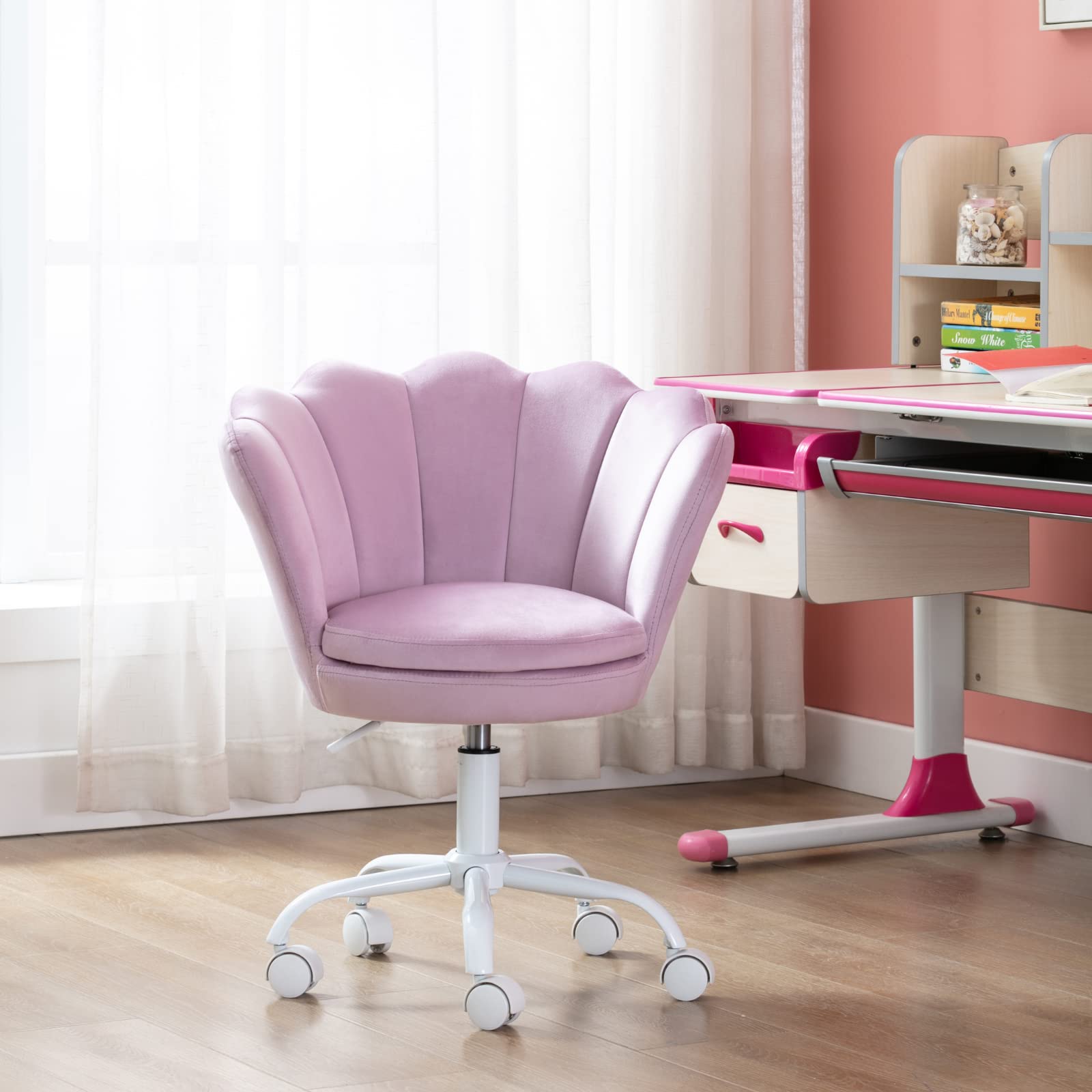 Adjustable Velvet Swivel Kids Desk Chair - Light Purple Task Chair for Girls, Study & Vanity Use in Bedroom, Home Office & Makeup Area