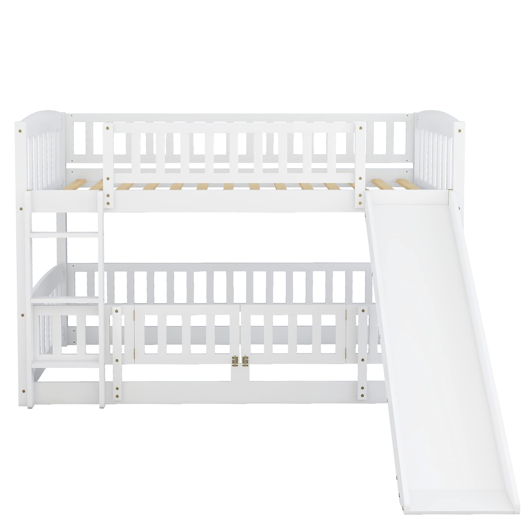 LZ LEISURE ZONE Twin Over Twin Bunk Bed with Slide - Wooden Low Bunk Bed Frame with Safety Fence & Ladder - Space-Saving Kids Bedroom Furniture (White) - Perfect for Small Rooms, Shared Kids' Bedrooms & Fun Play Areas