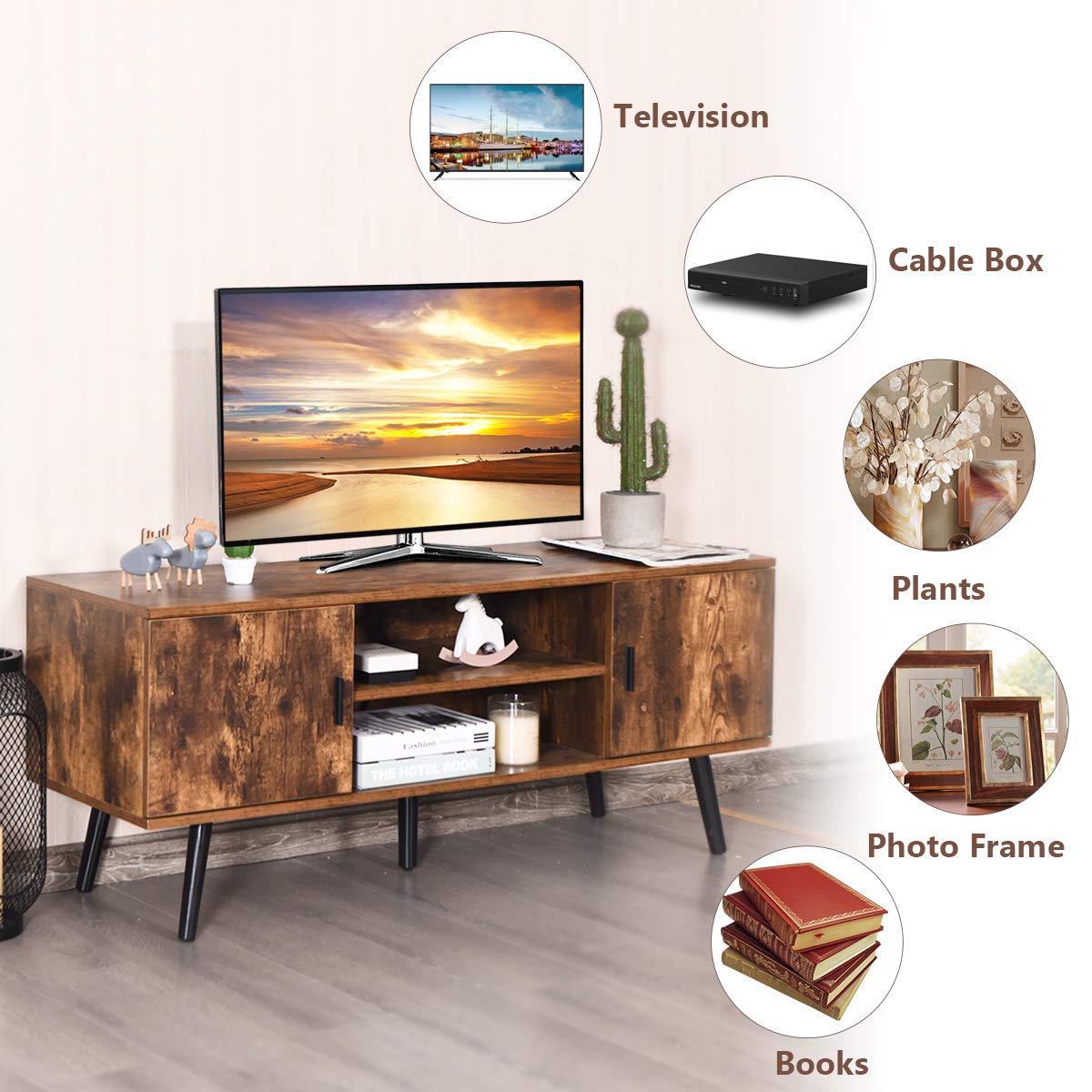 Tangkula 55 Inch TV Stand with 2 Cabinets & 2 Open Shelves - Mid Century Modern Wood Entertainment Center for Living Room, Rustic Brown - Perfect for Boho, Farmhouse & Rustic Home Decor